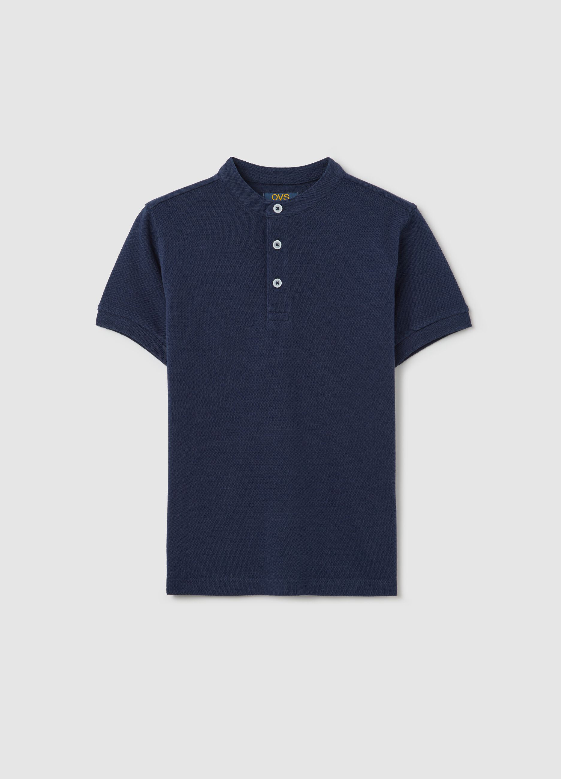 Polo blu in cotone con collo alla coreana