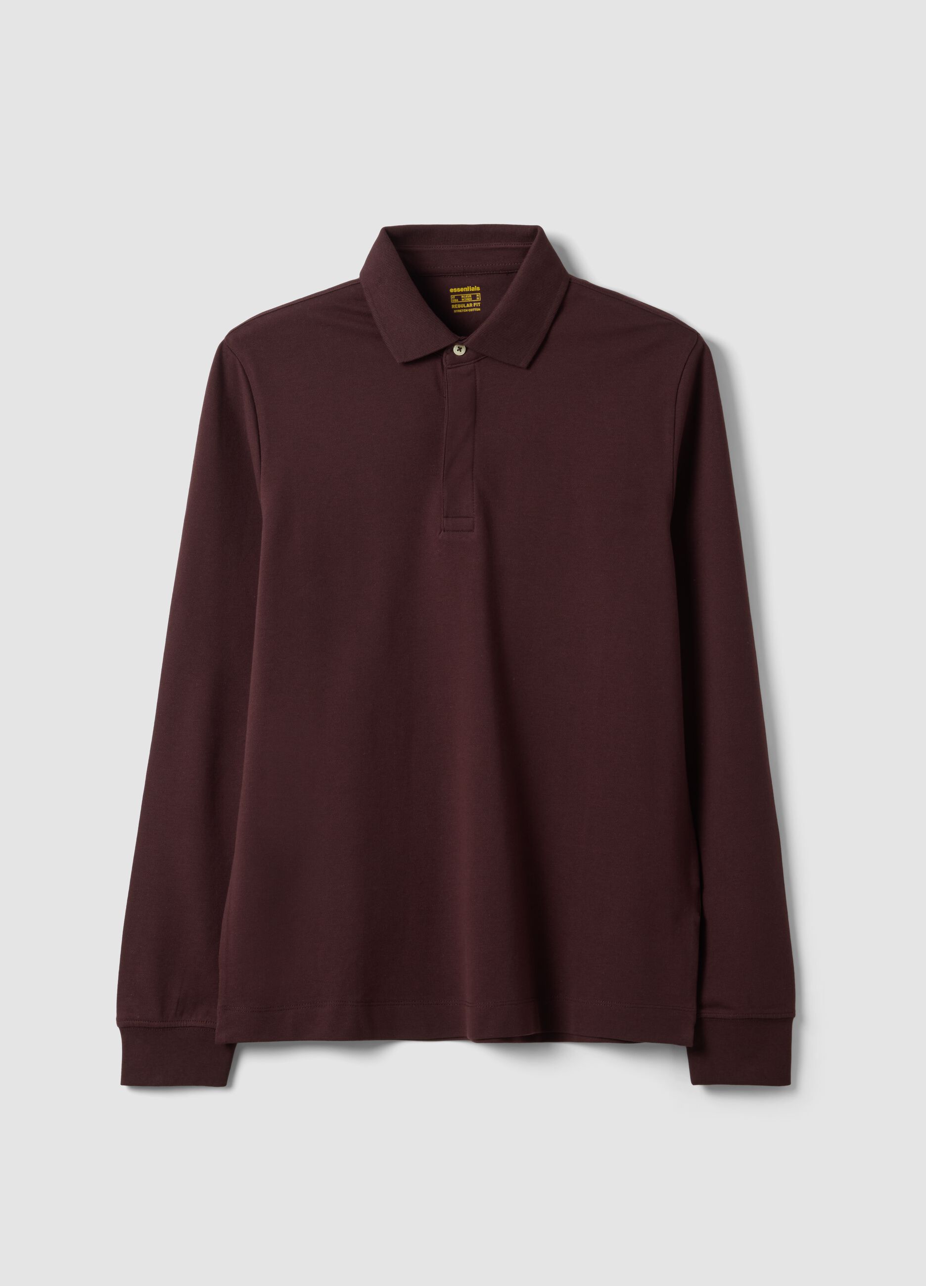 Men&rsquo;s brown long-sleeve stretch cotton polo shirt, regular fit