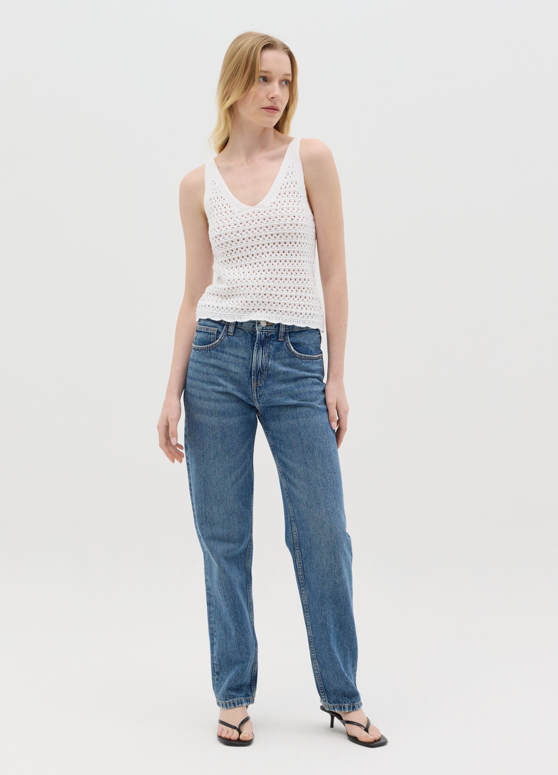 Tank top crochet con scollo a V bianco