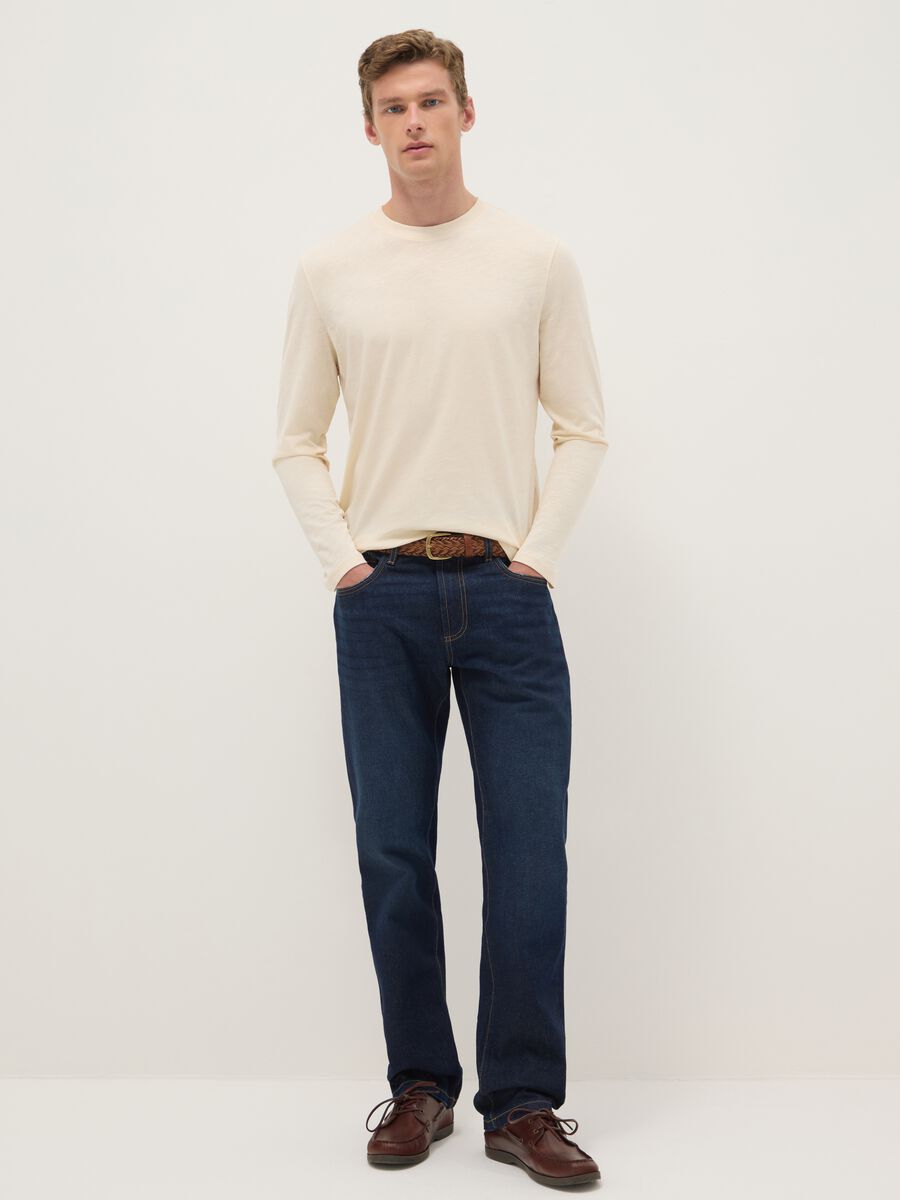 Beige long-sleeved T-shirt in pure cotton regular fit_1