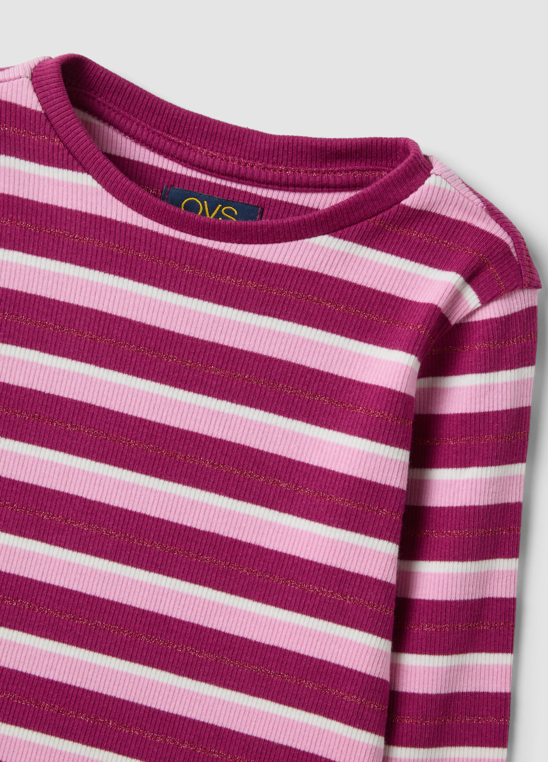 Girls&rsquo; striped multicolour stretch cotton crew-neck T-shirt