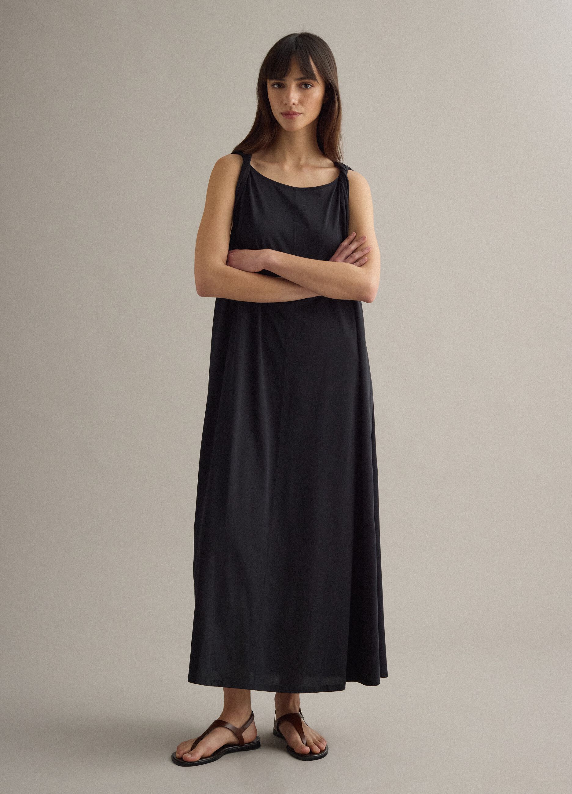 Long black cotton-blend dress, regular fit