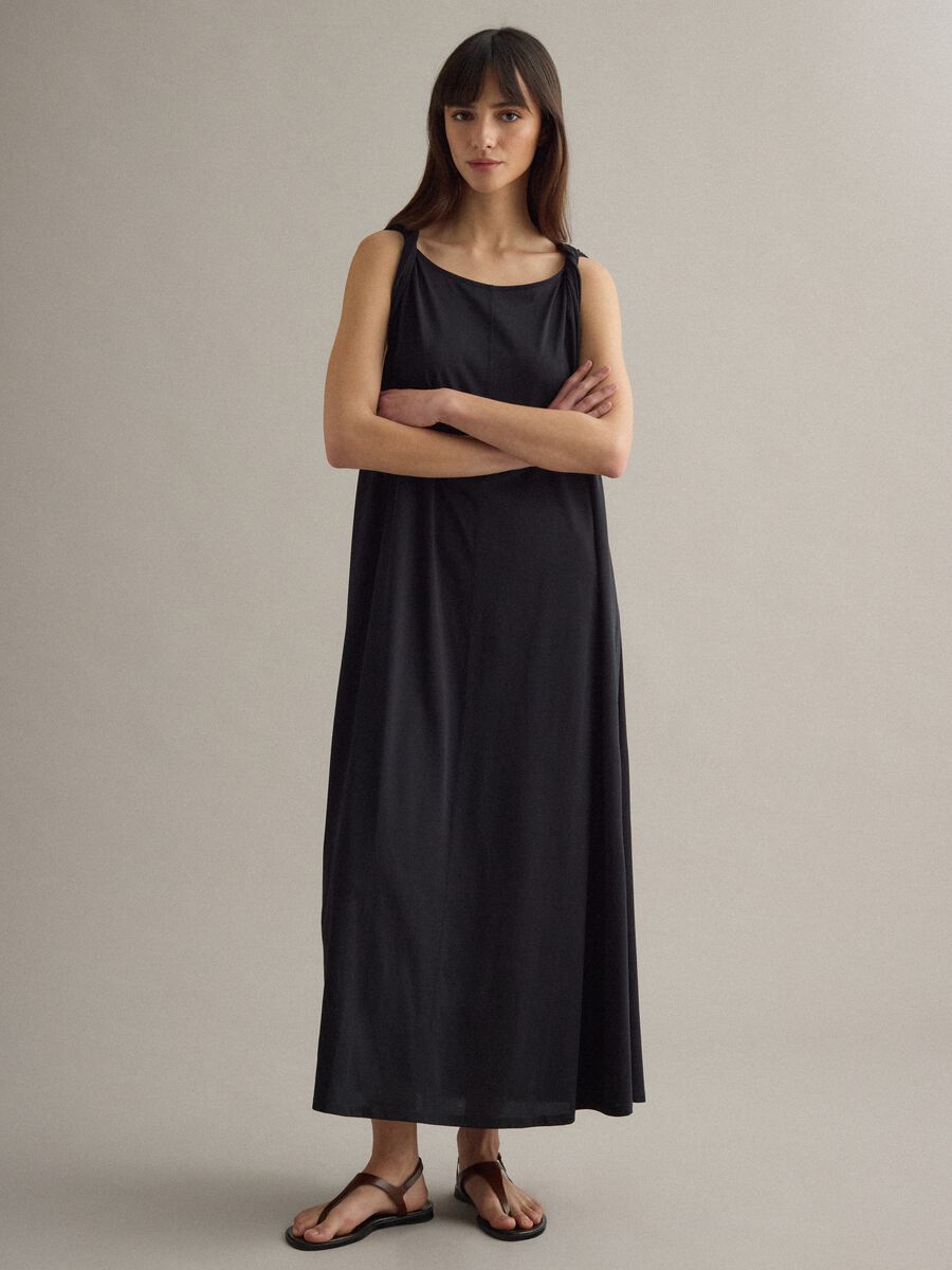Long black cotton-blend dress, regular fit_1