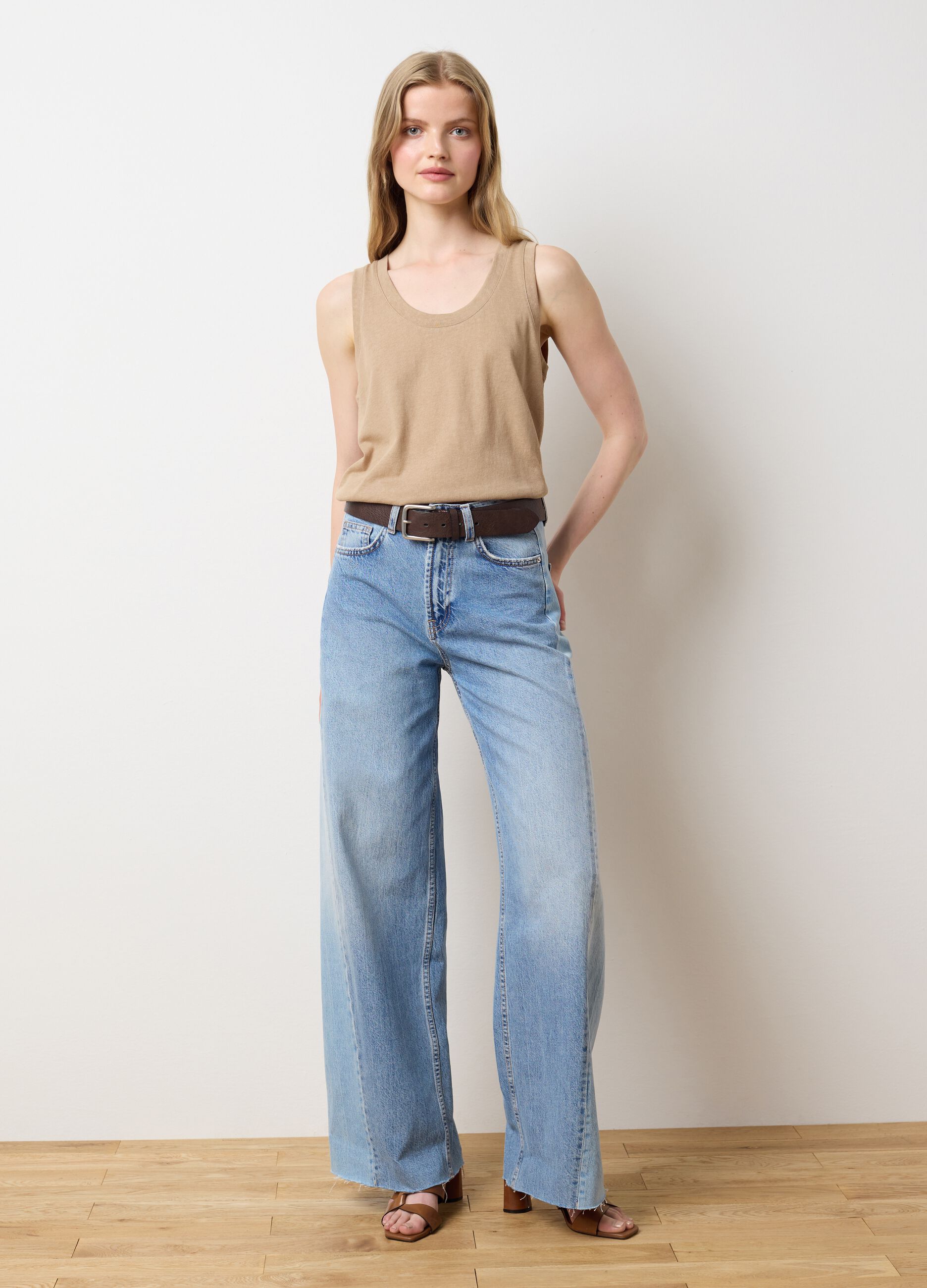 Canotta da donna in misto cotone beige regular fit