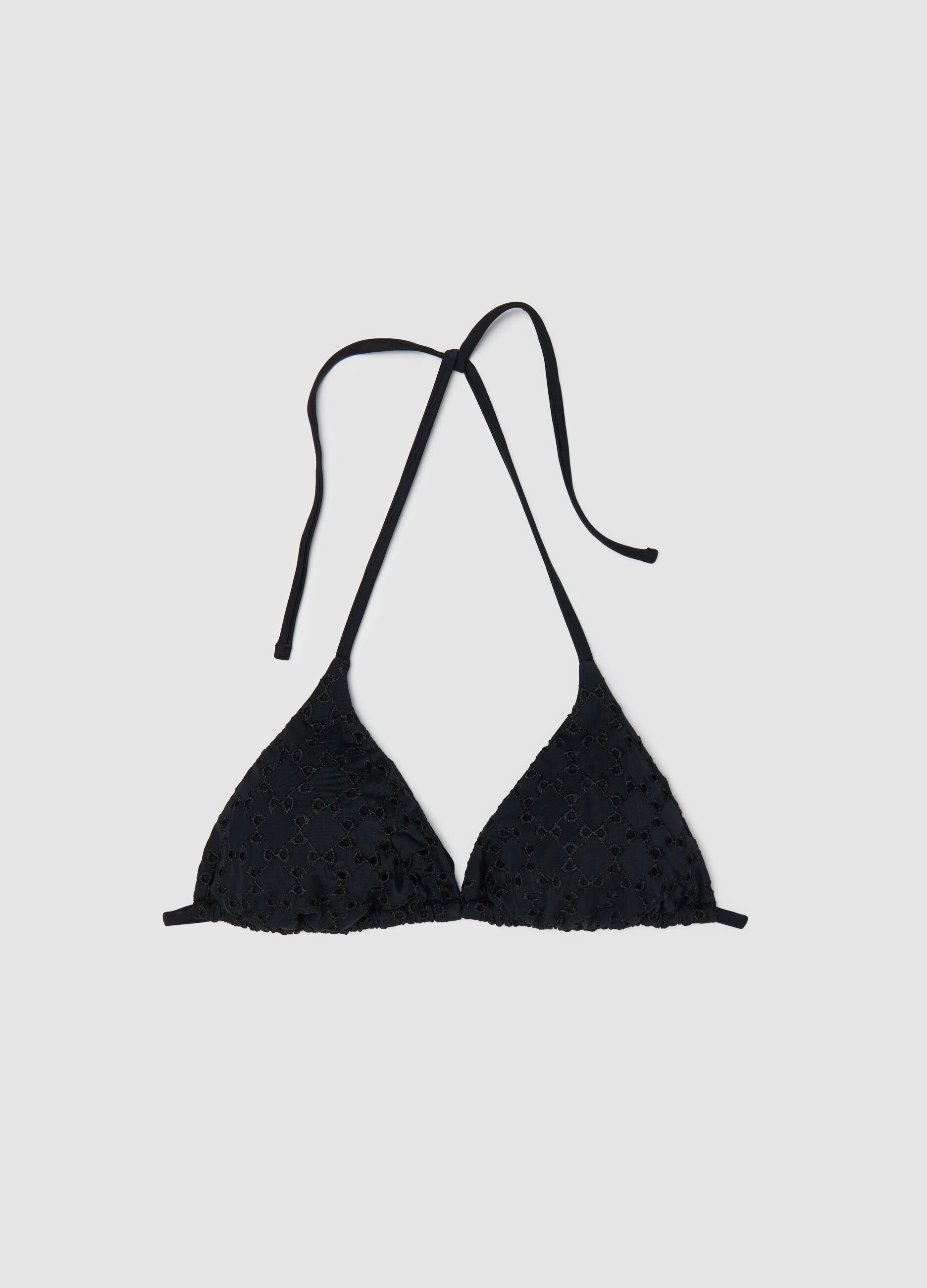 Women’s bikini top in black stretch fabric with perforated design.