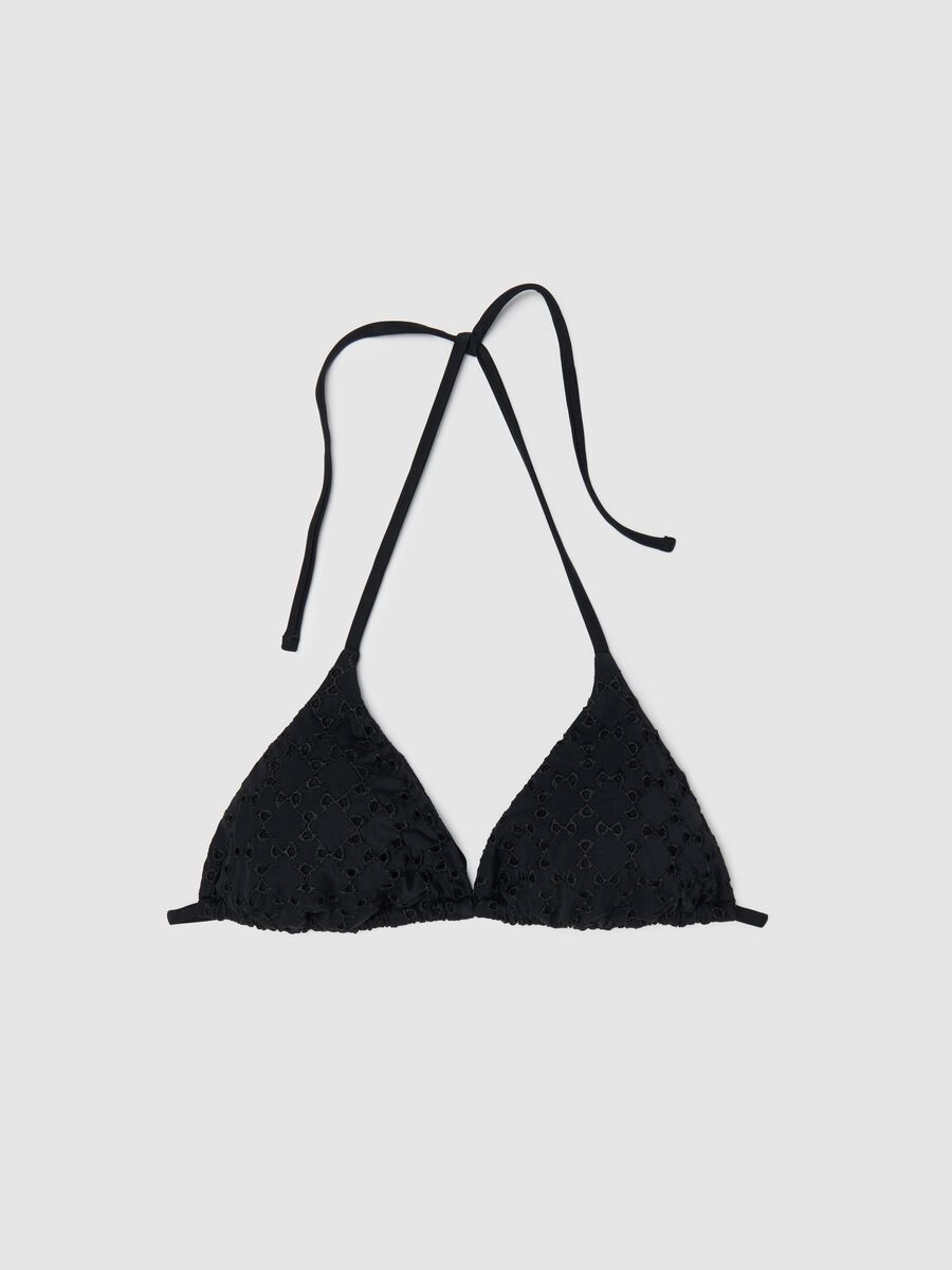 Women’s bikini top in black stretch fabric with perforated design._4