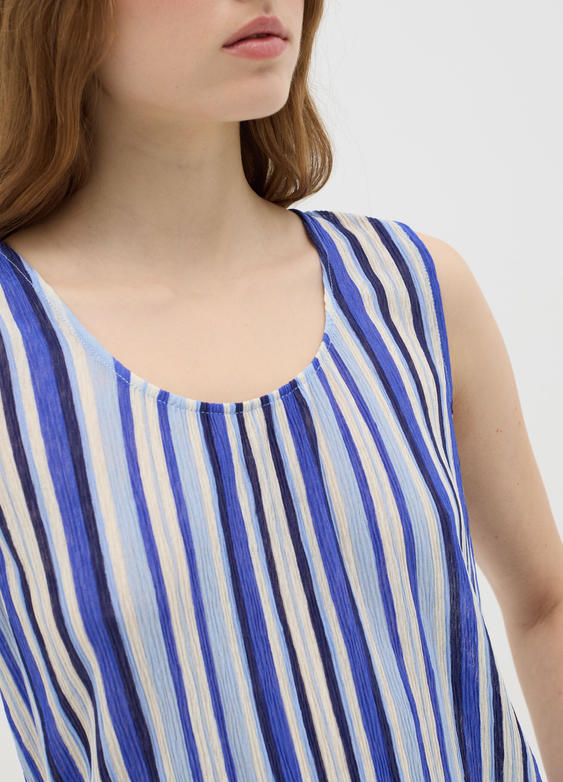 Blue Striped Tank Top in Mixed Fabric