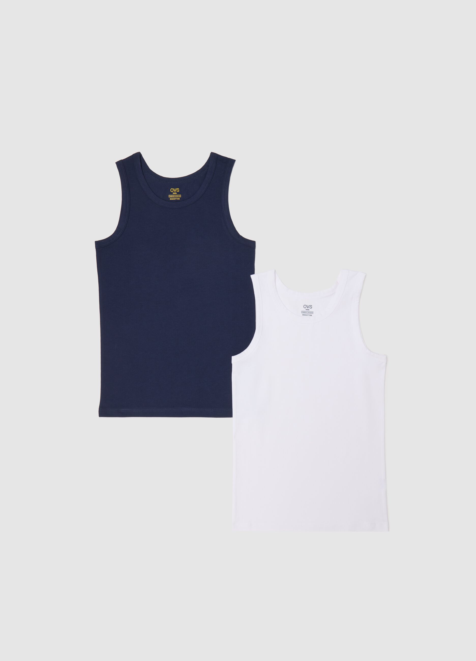 Two-pack blue and white racerback vests in organic cotton