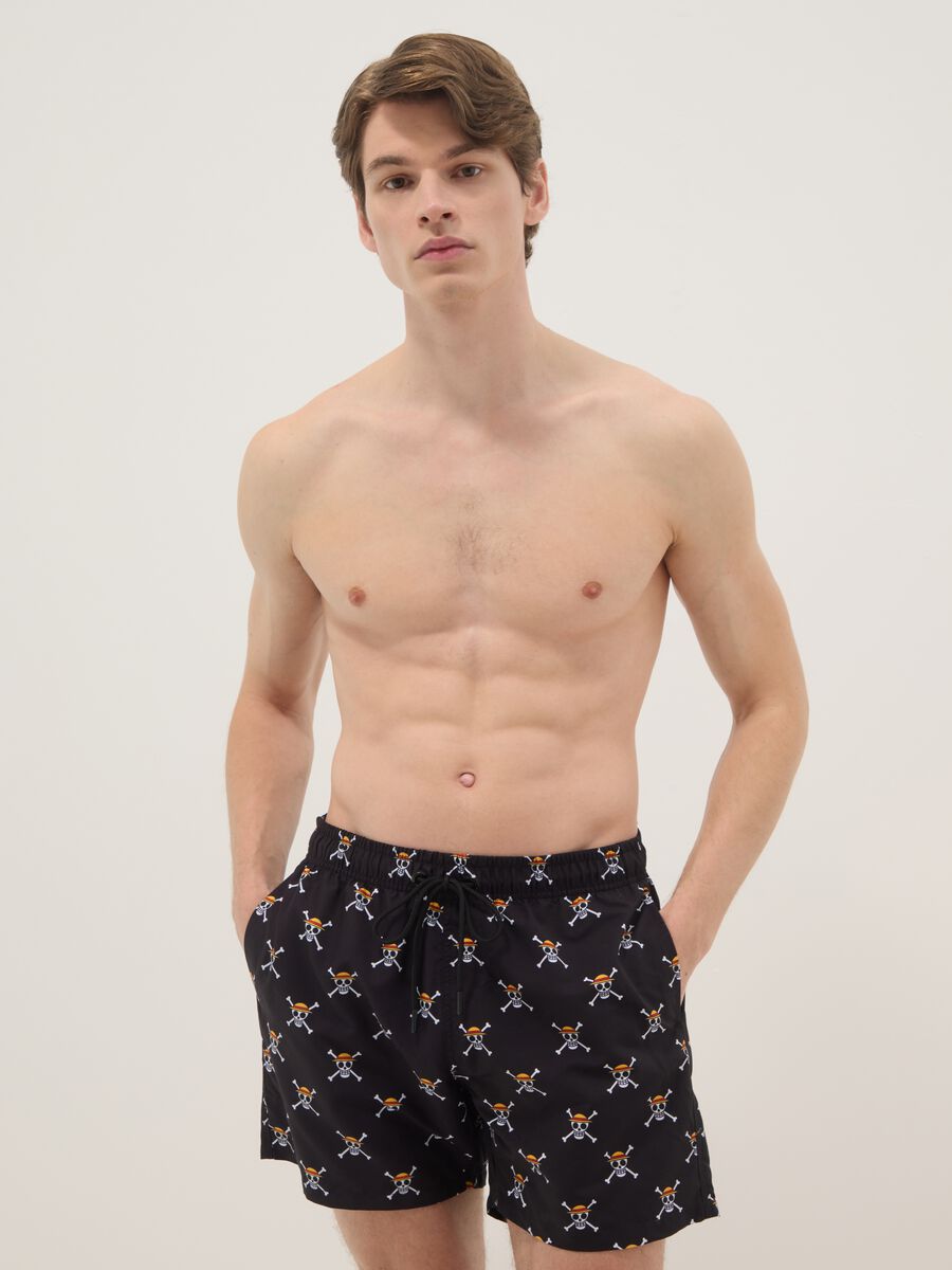 Black Swim Shorts with One Piece Prints_0