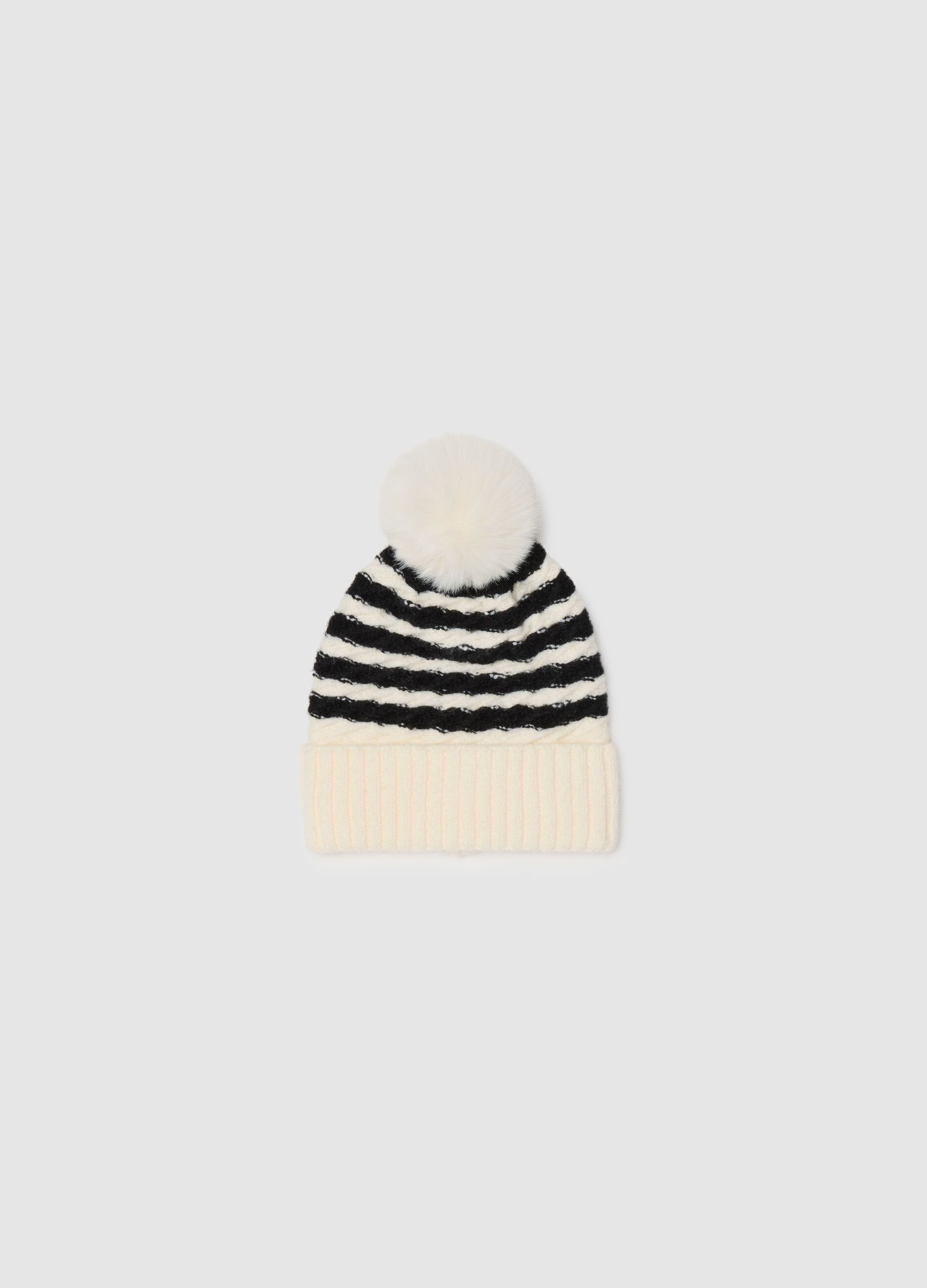 Girl's Black and White Striped Hat with Pom Pom