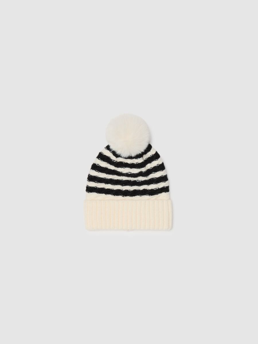 Girl's Black and White Striped Hat with Pom Pom_0