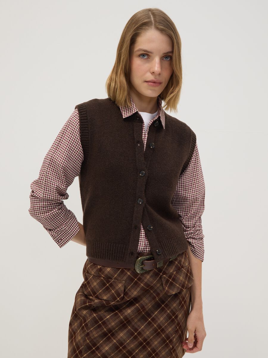 Brown stretch wool crew-neck gilet_0