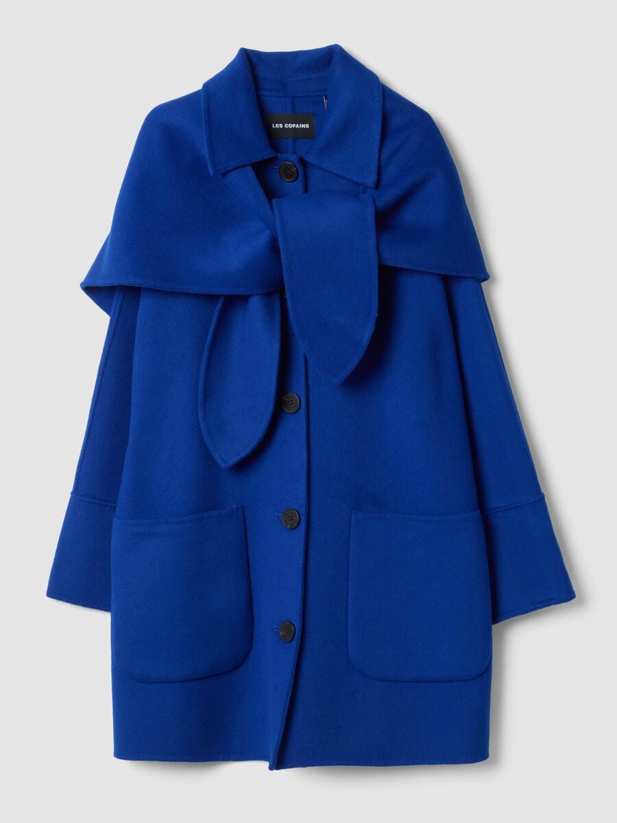 Cappotto blu in misto lana e viscosa con mantella_0