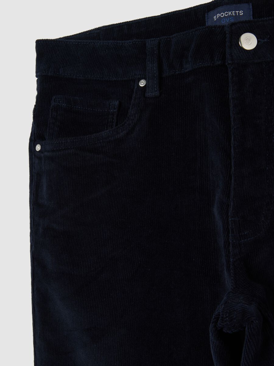 Pantaloni in cotone elasticizzato blu slim fit a coste_1