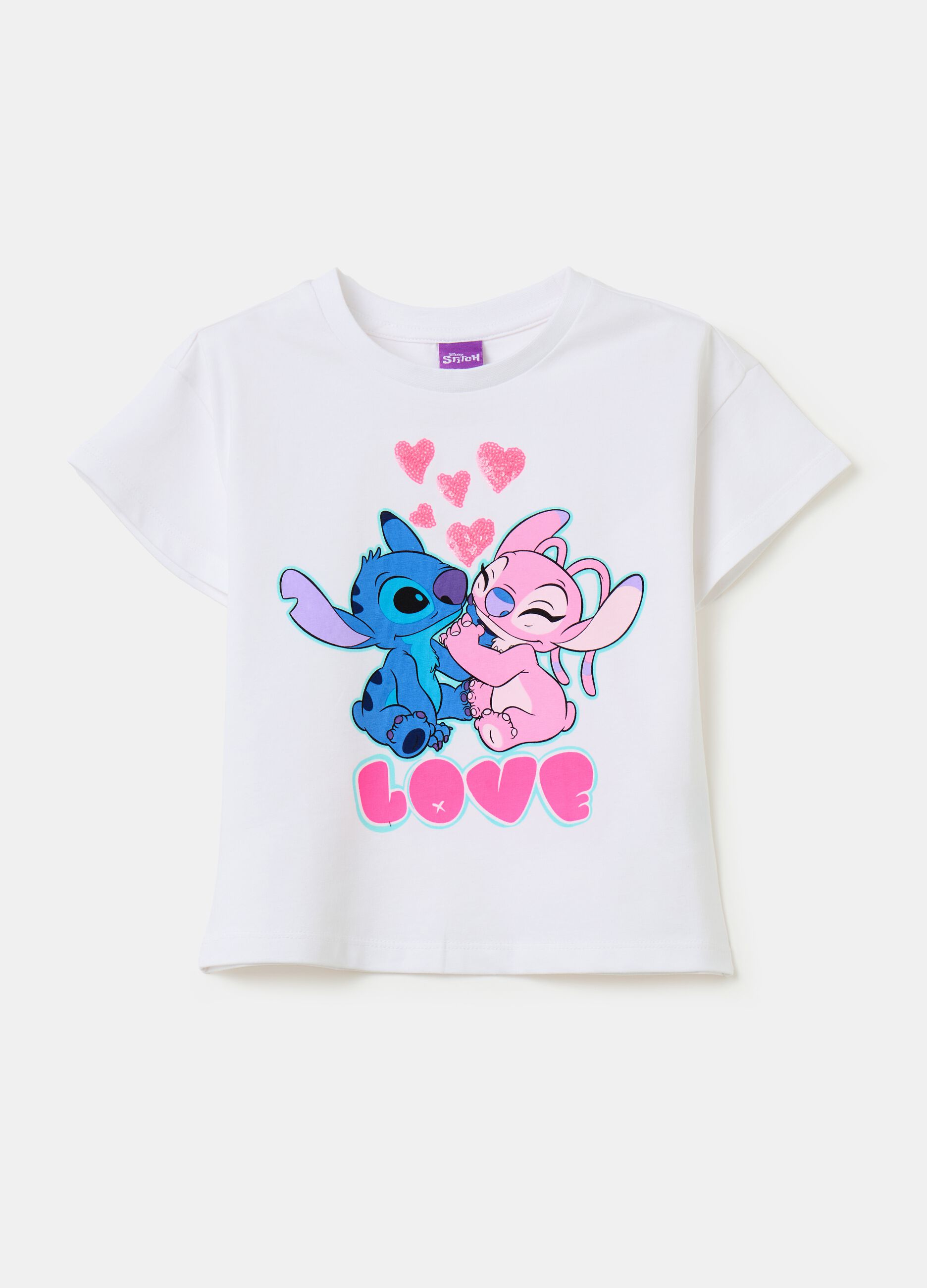 T-shirt con stampa Angel e Stitch