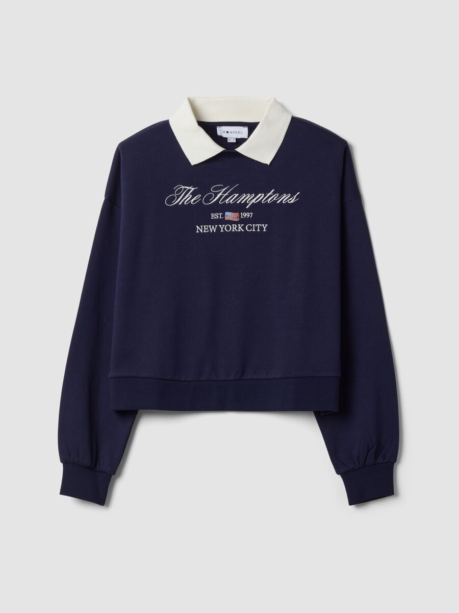 Felpa blu in misto cotone con girocollo e colletto_0