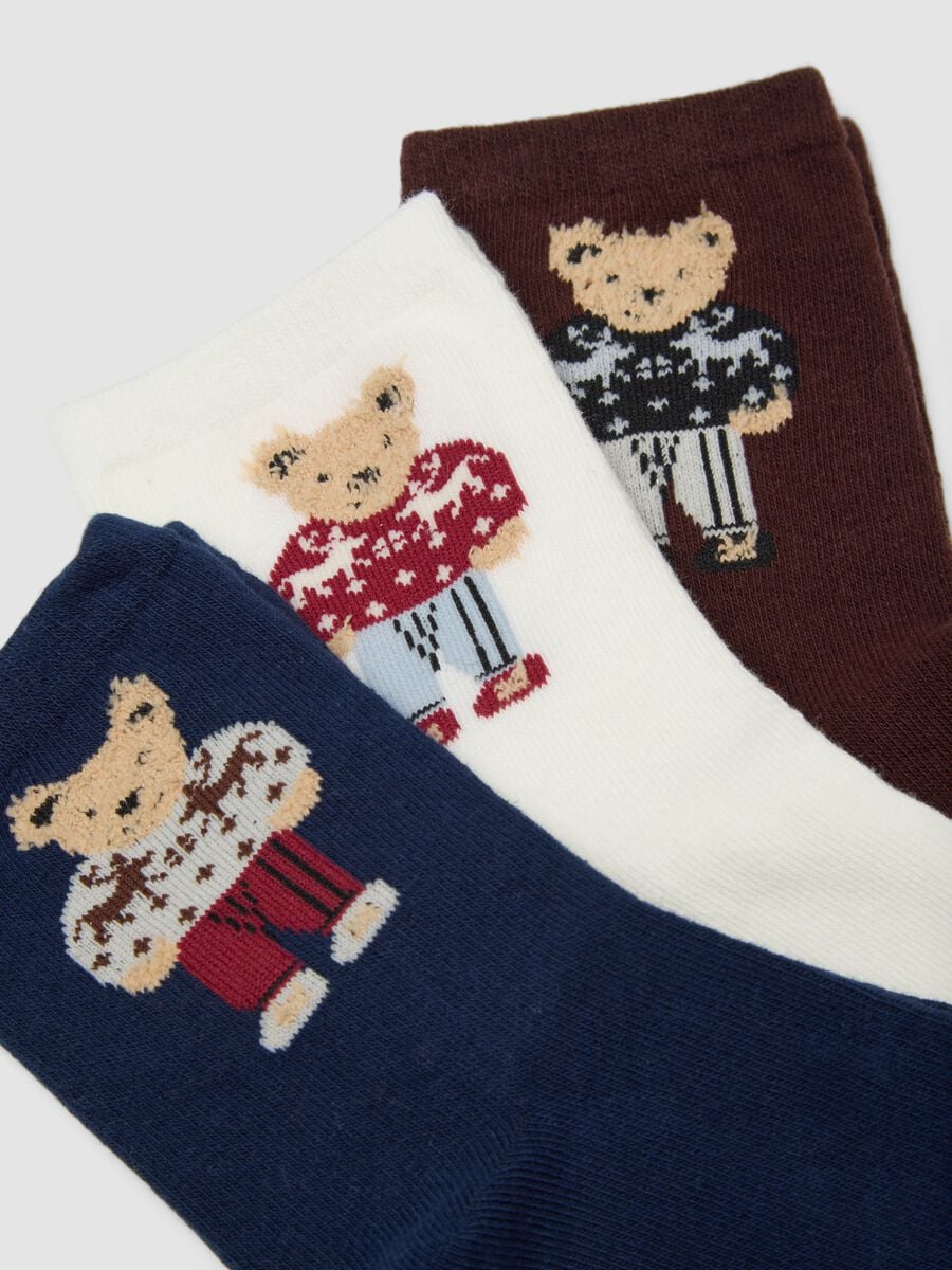 Multicolour stretch organic cotton three-pack socks with teddy bear_2