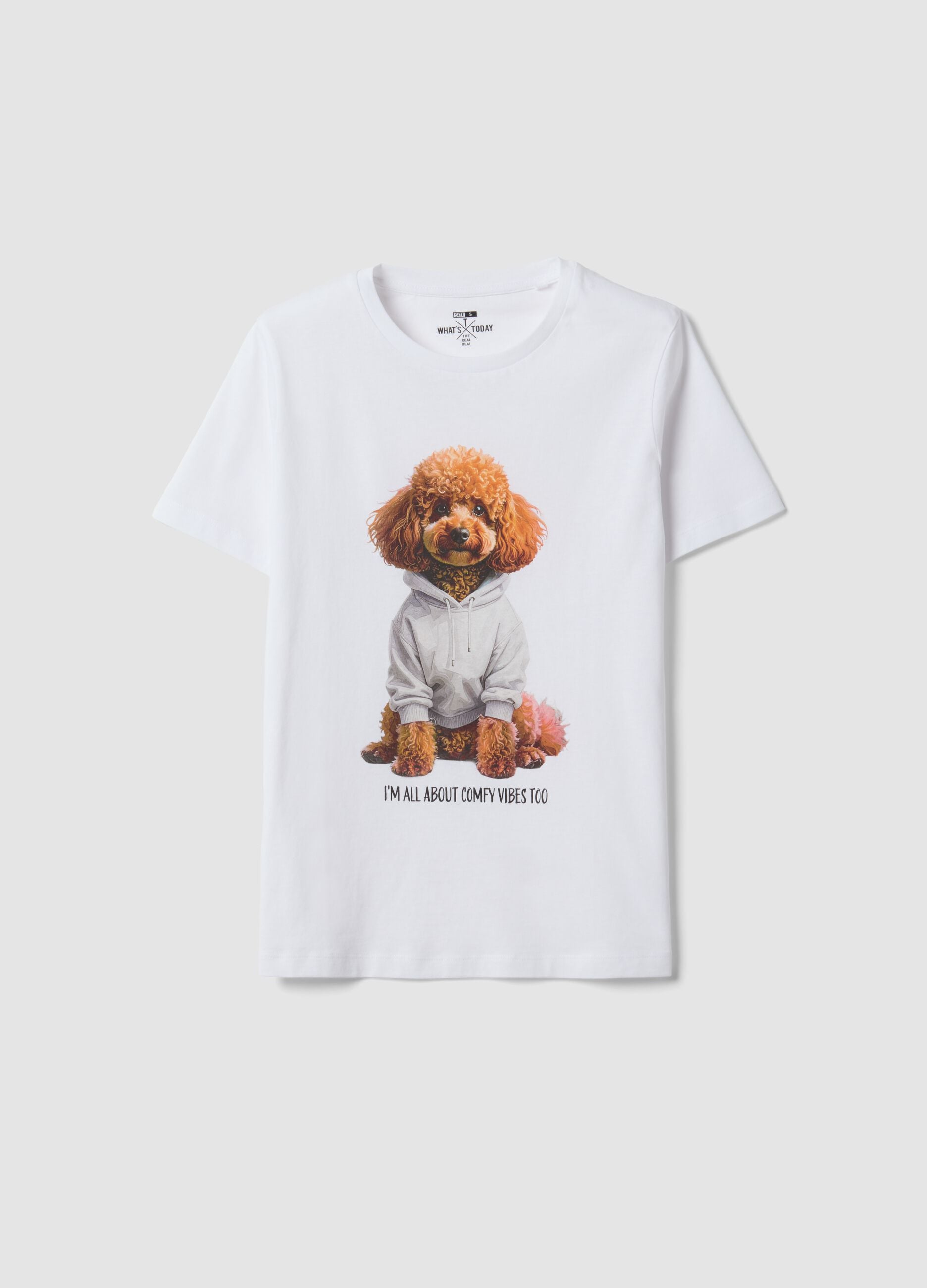T-shirt bianca in puro cotone jersey e stampa cagnolino regular fit