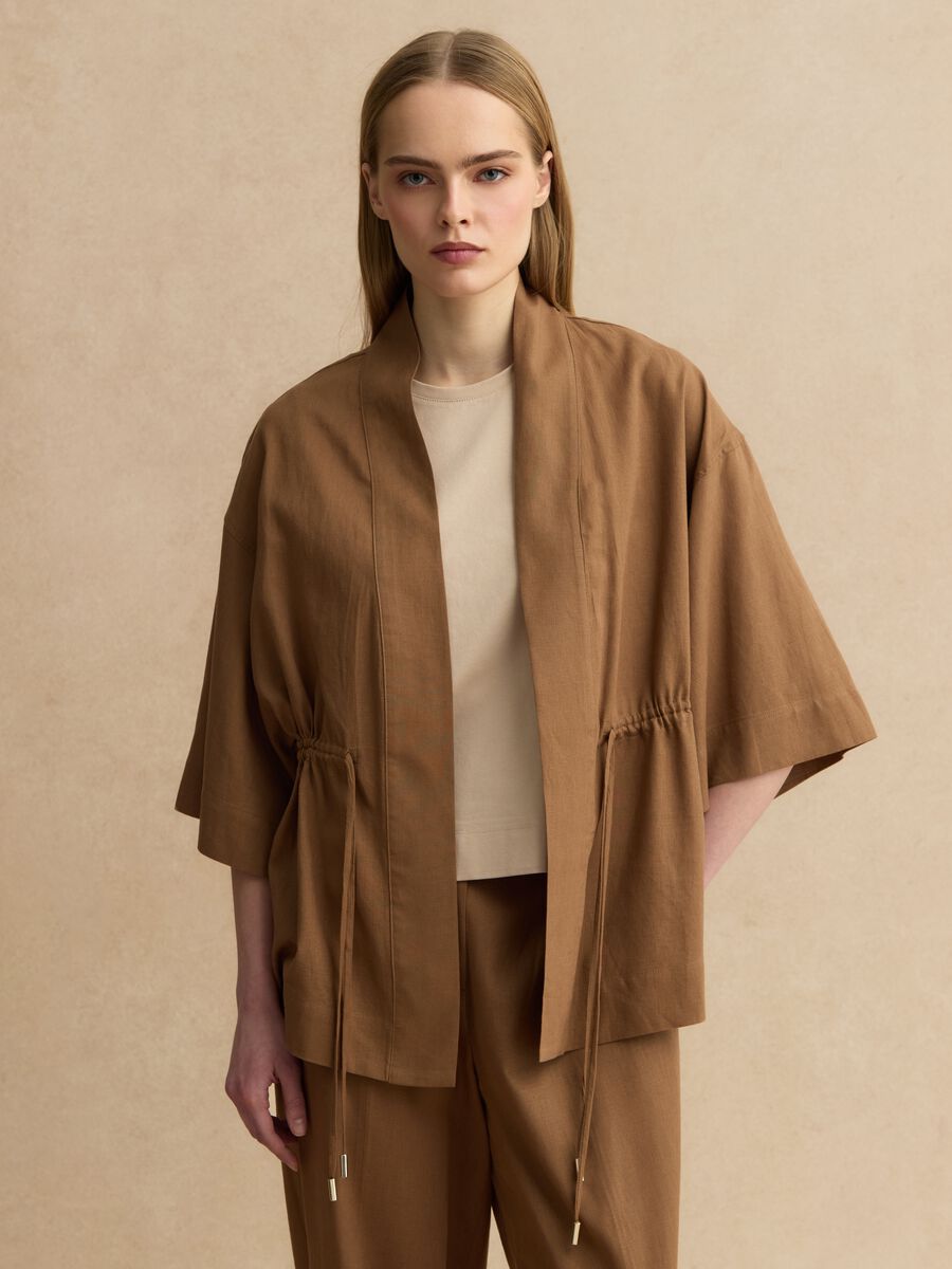 Brown linen blend regular fit blazer with ties_0