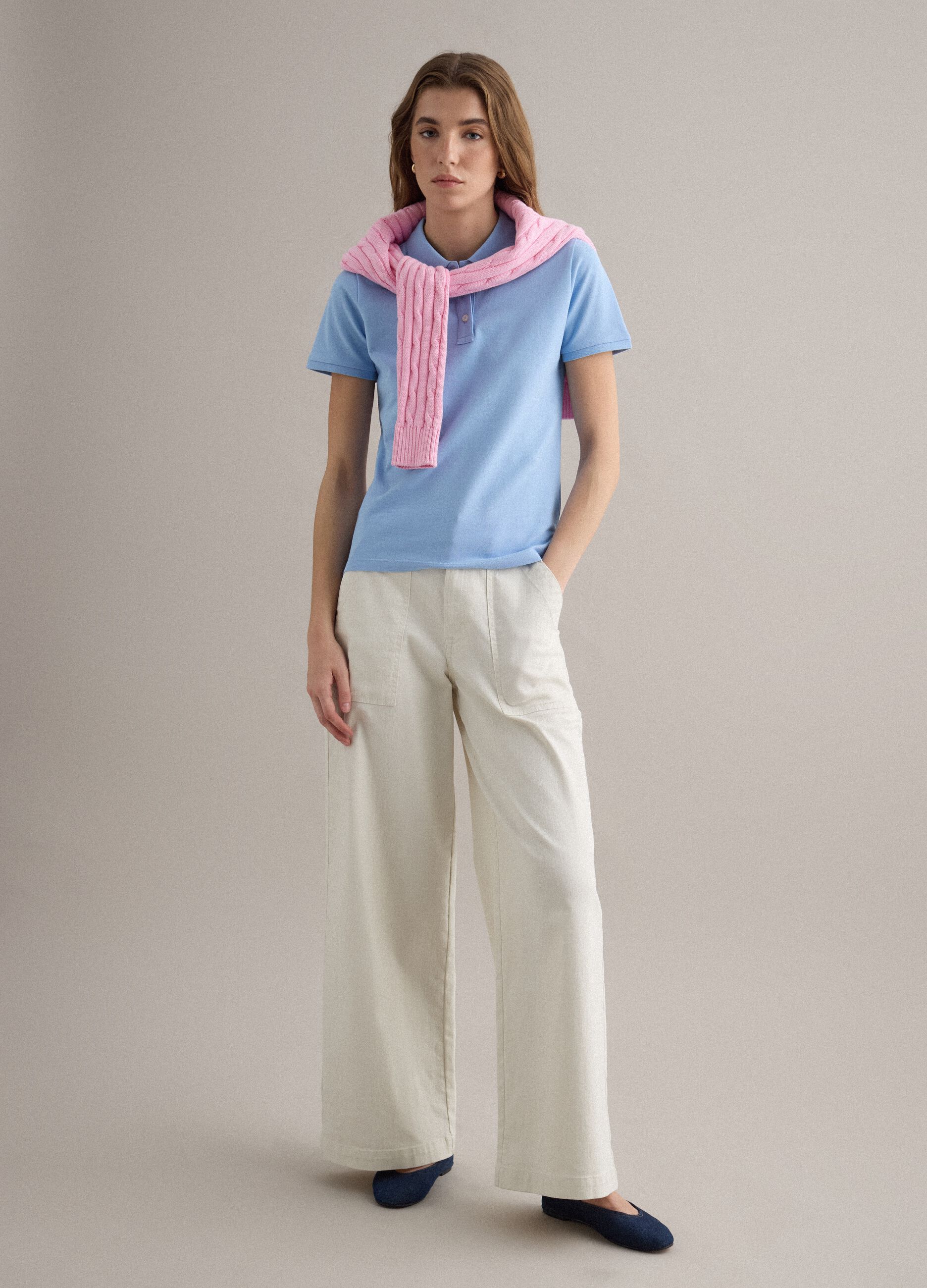 Sky blue short-sleeve pure cotton polo shirt, regular fit