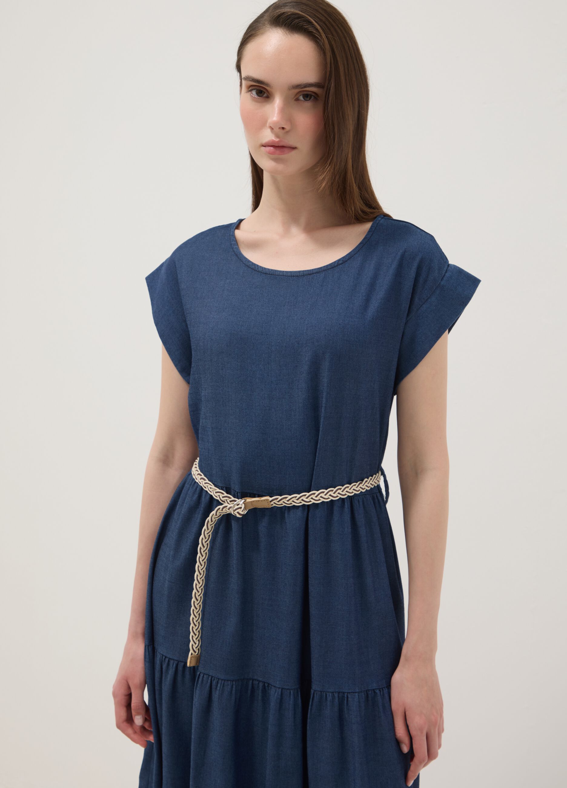 Blue midi dress in pure lyocell with braided belt
