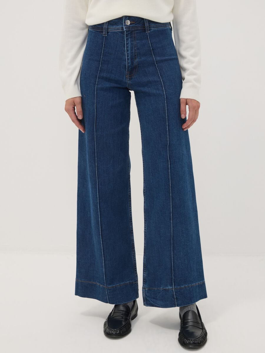 Jeans blu wide leg in cotone elasticizzato_1