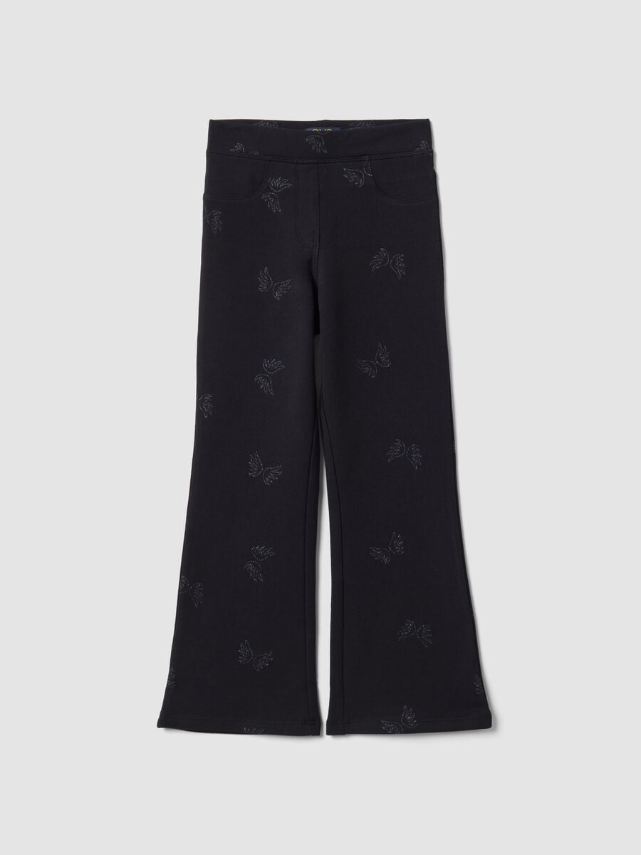 Treggings flare neri in cotone organico elasticizzato con ali glitterate_0
