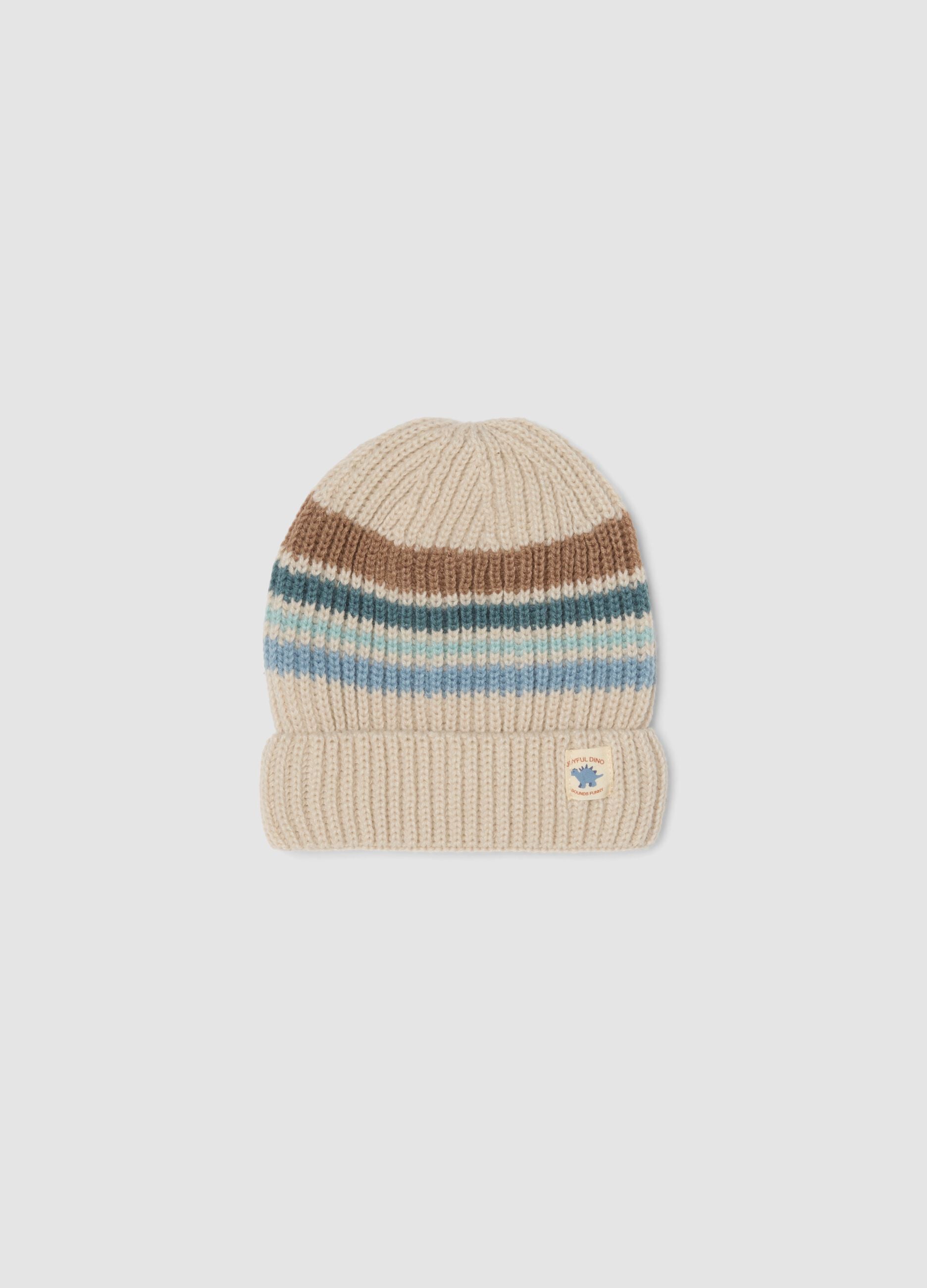 Cappello beige in maglia a righe con risvolto