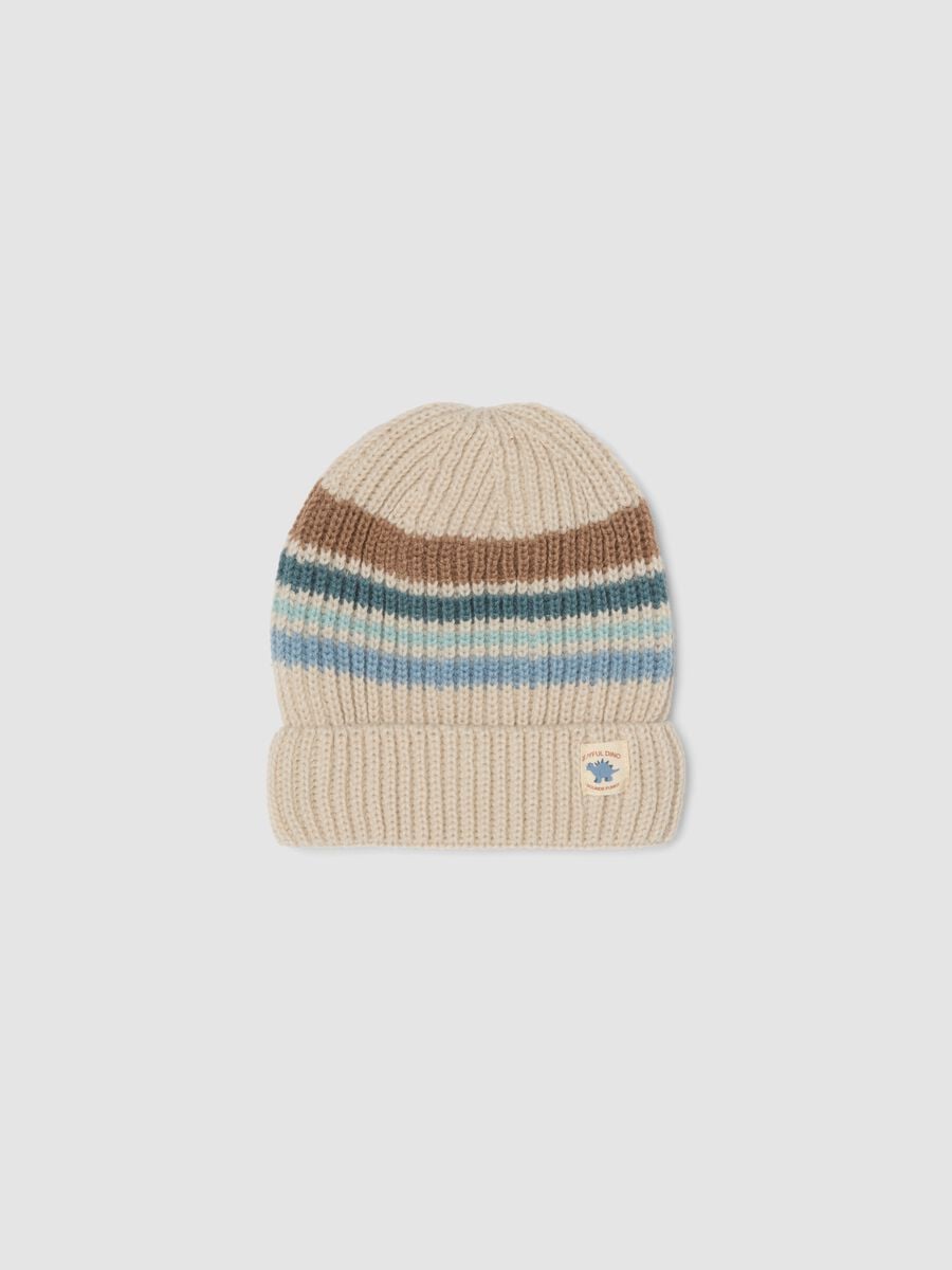 Cappello beige in maglia a righe con risvolto_0