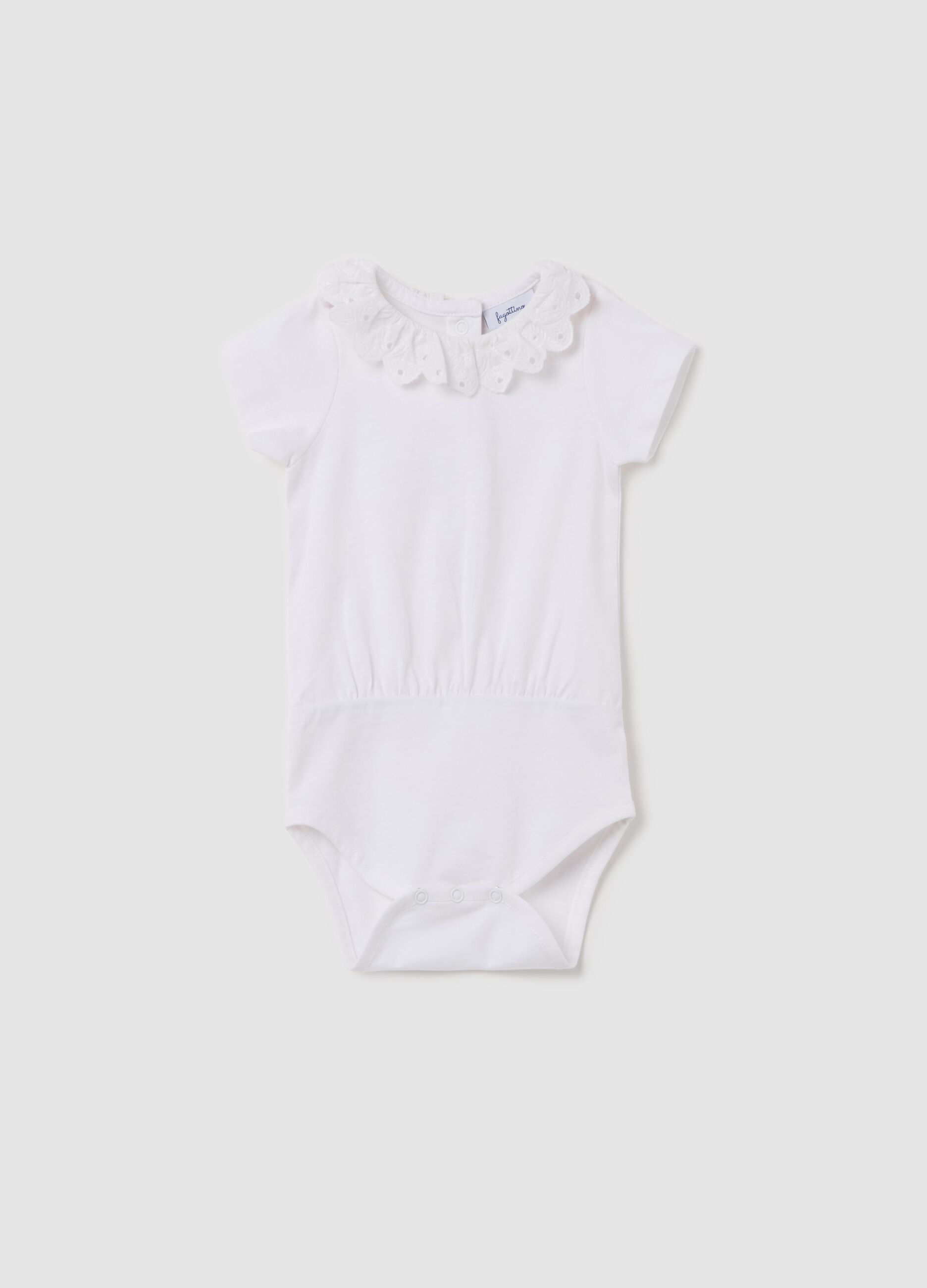 Cotton bodysuit with collar in broderie anglaise