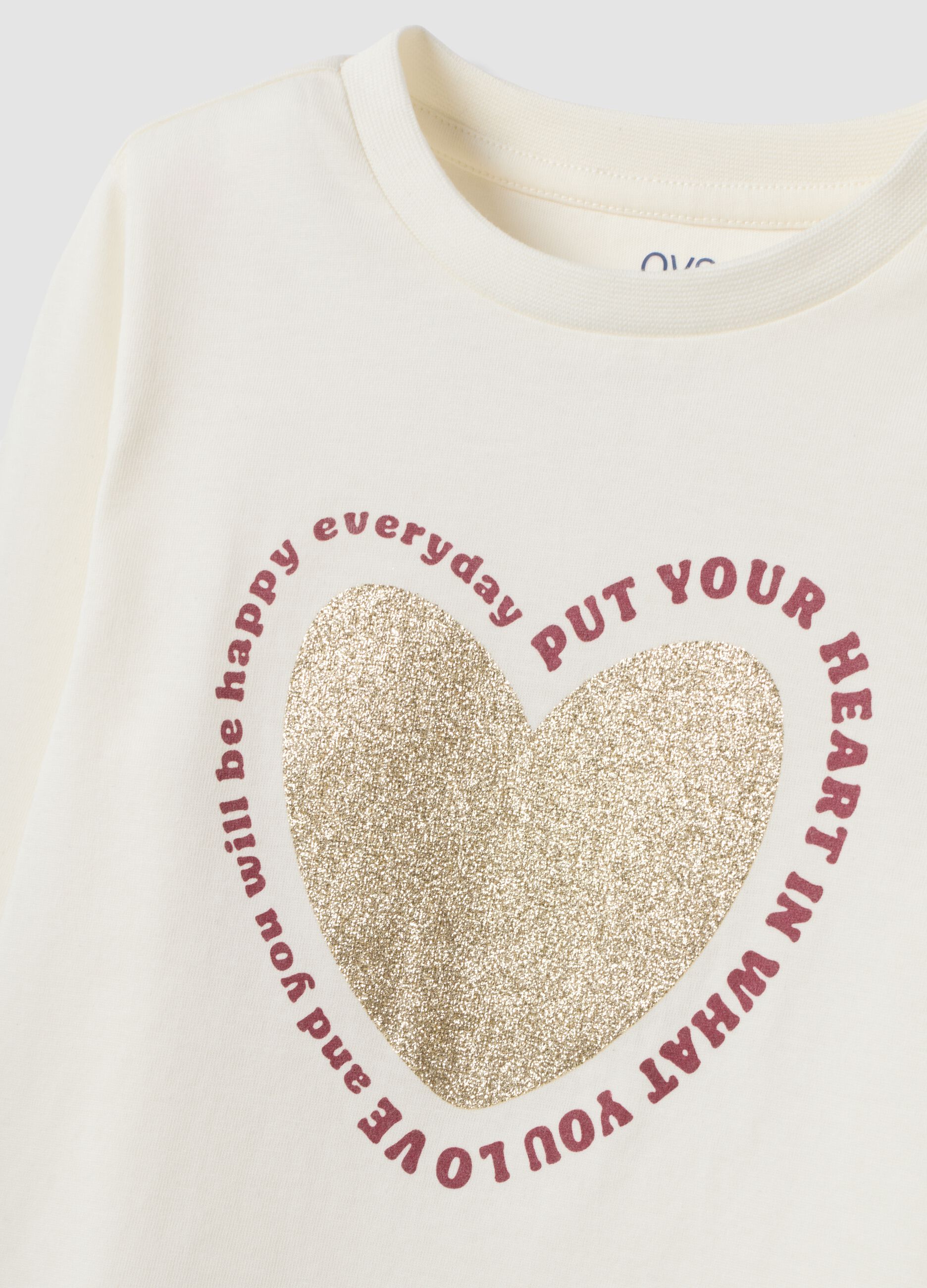 White organic cotton T-shirt with heart print for girls