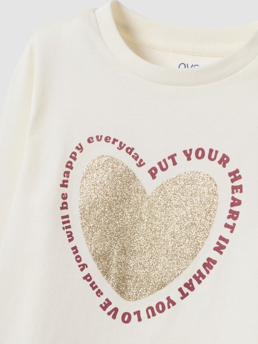 White organic cotton T-shirt with heart print for girls_2