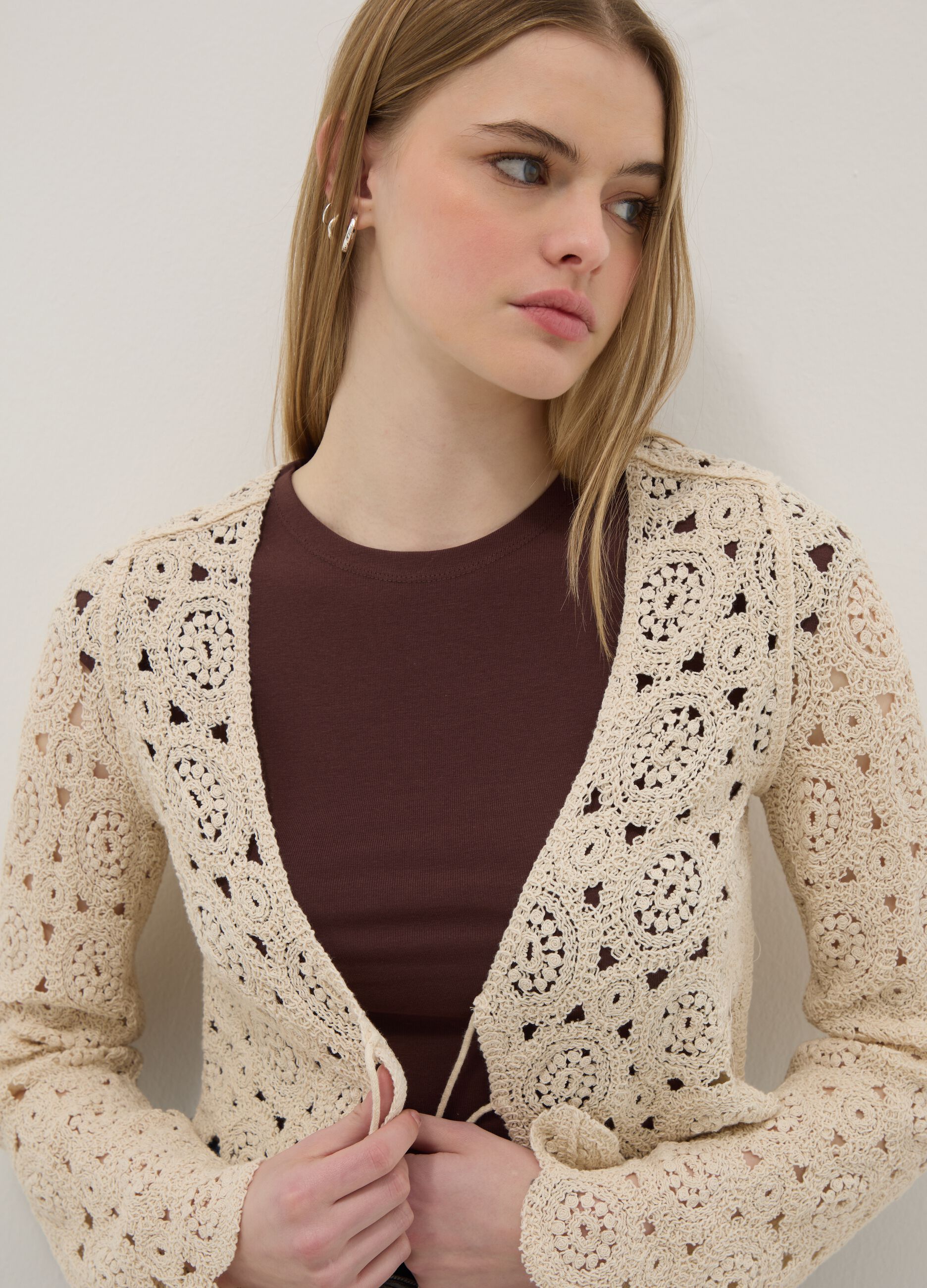 Beige cotton-blend regular-fit cardigan with openwork design