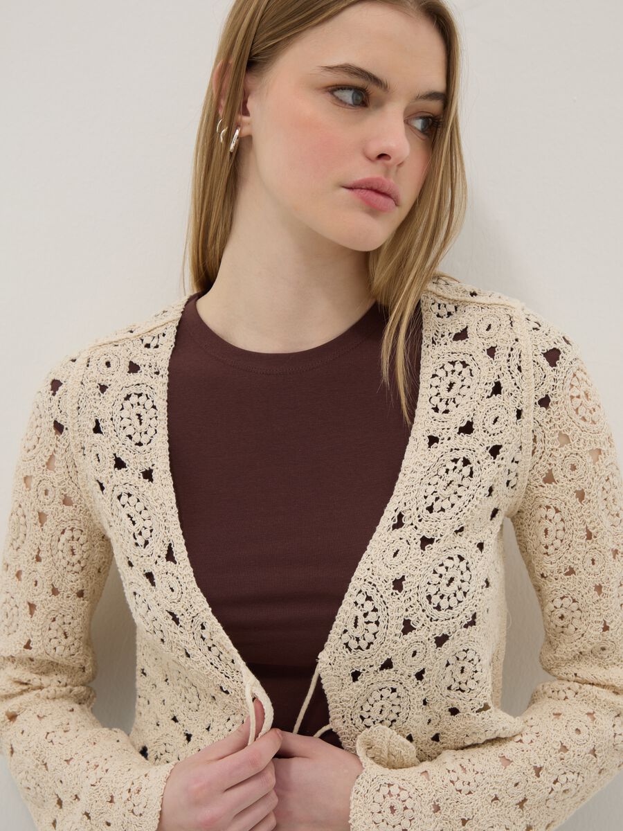Beige cotton-blend regular-fit cardigan with openwork design_0