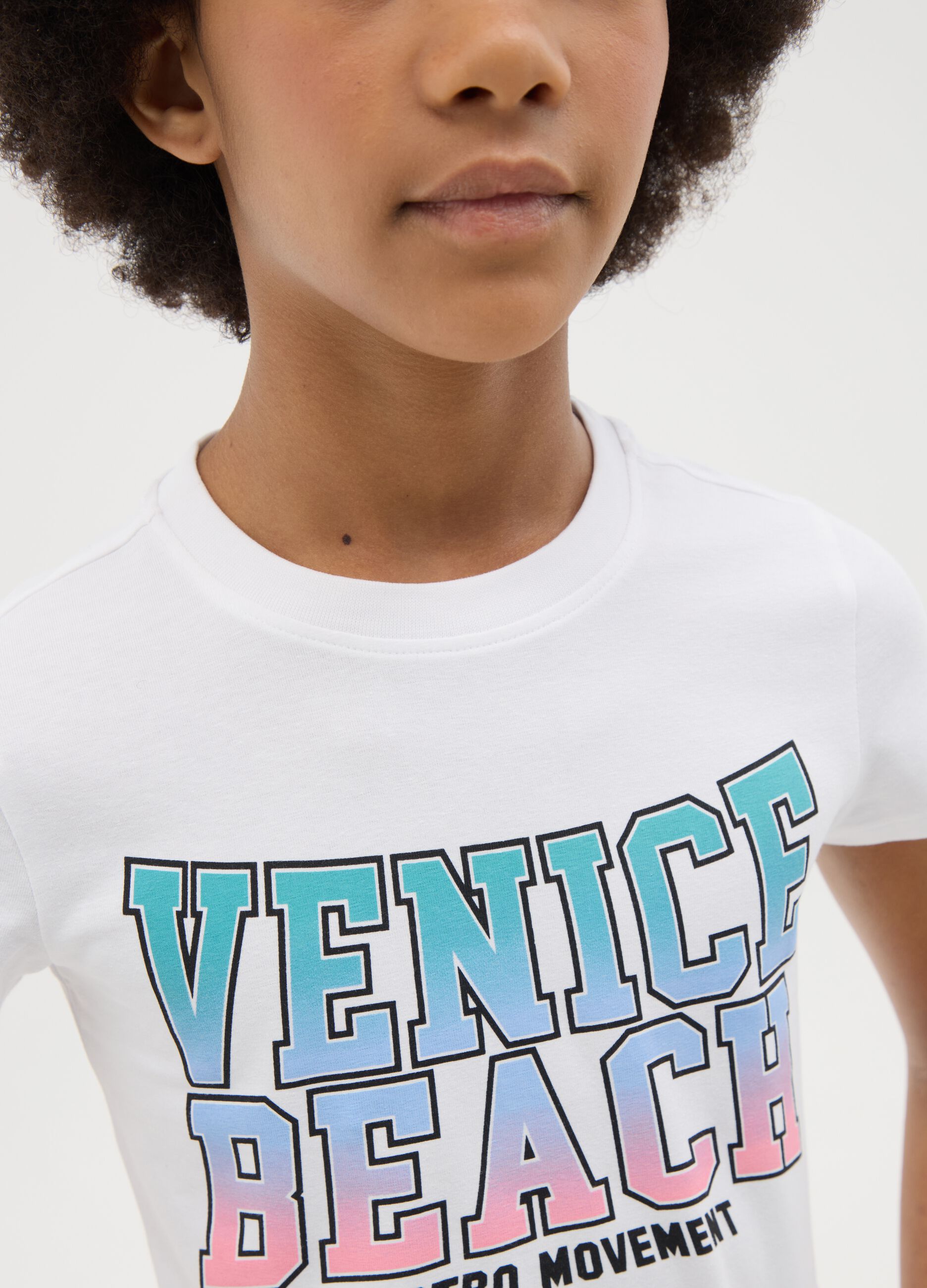 White stretch cotton T-shirt with print