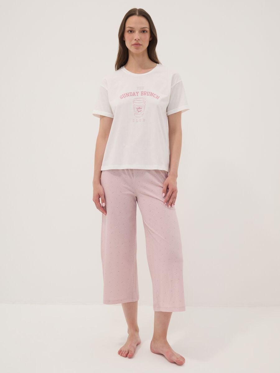 T-shirt pigiama bianco in cotone organico con scritte frontali_0