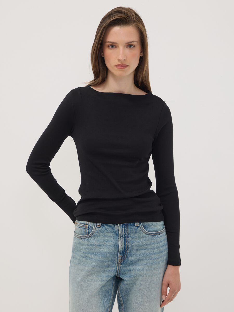 T-shirt nera in puro cotone con girocollo_1
