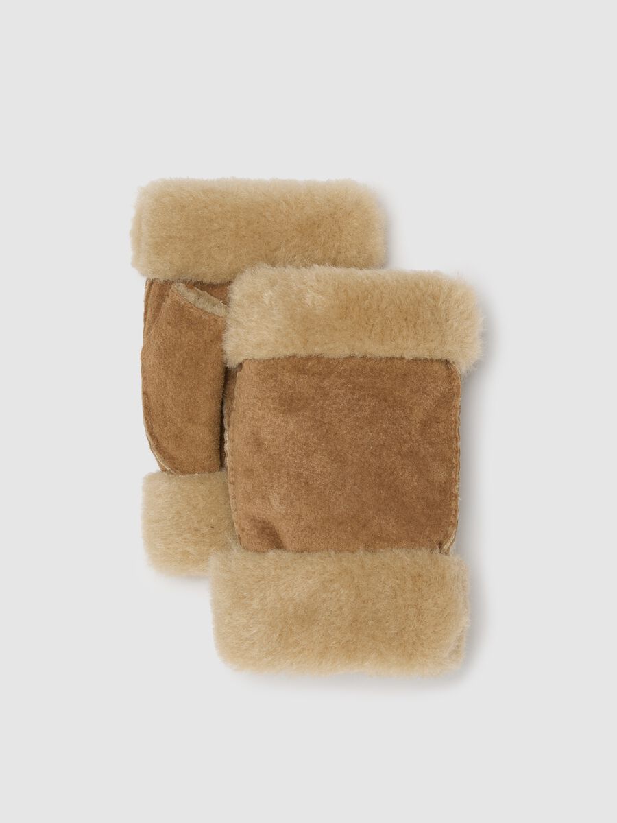 Beige fingerless gloves in genuine leather_0