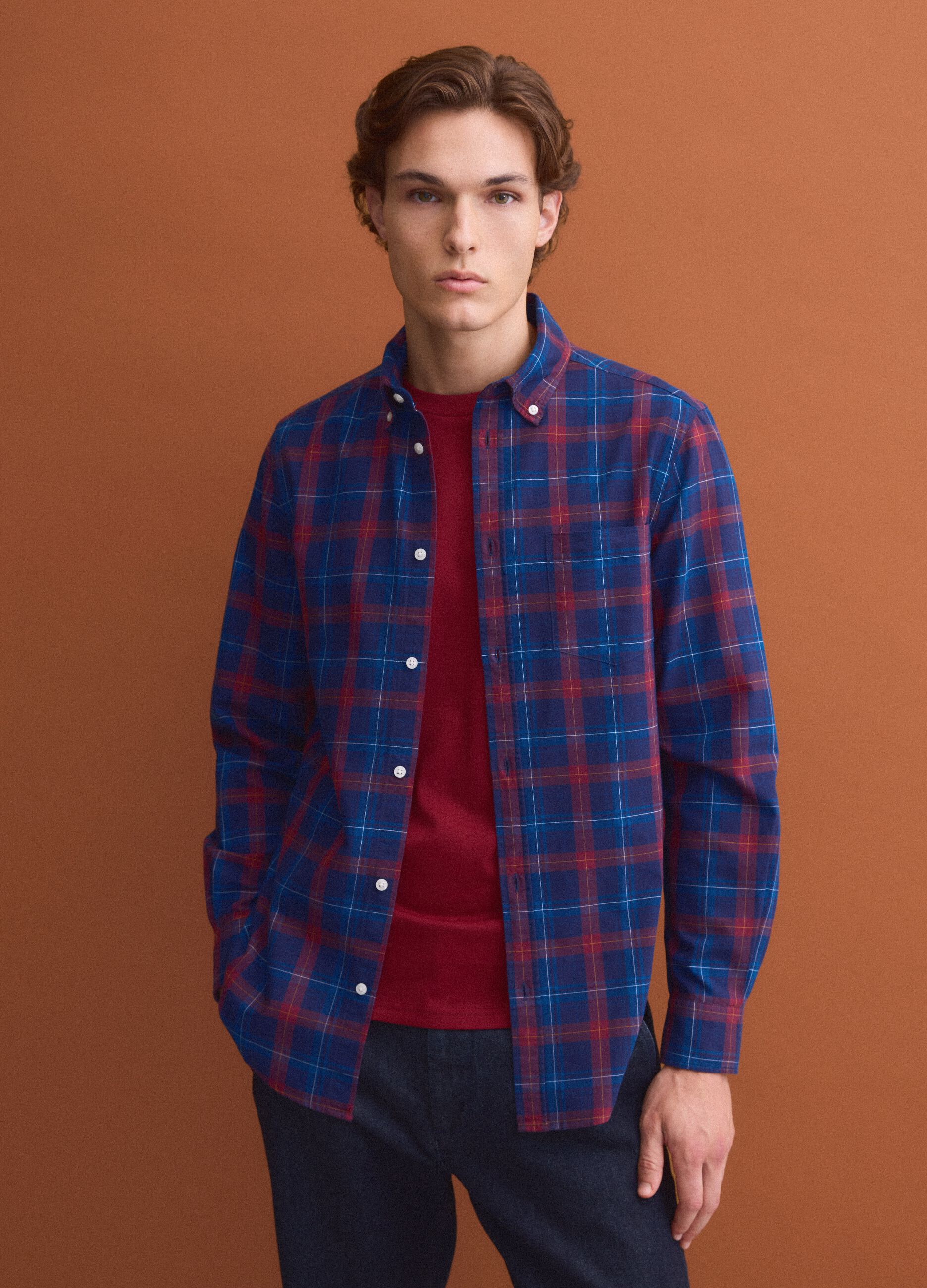 Blue checked Oxford shirt in pure cotton, regular fit