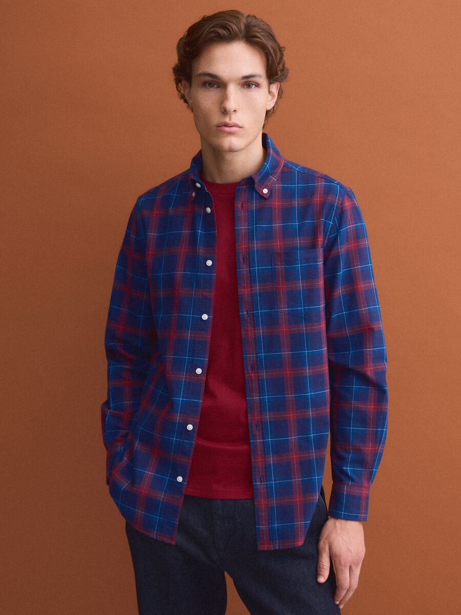 Camicia oxford blu a quadri in puro cotone regular fit_1