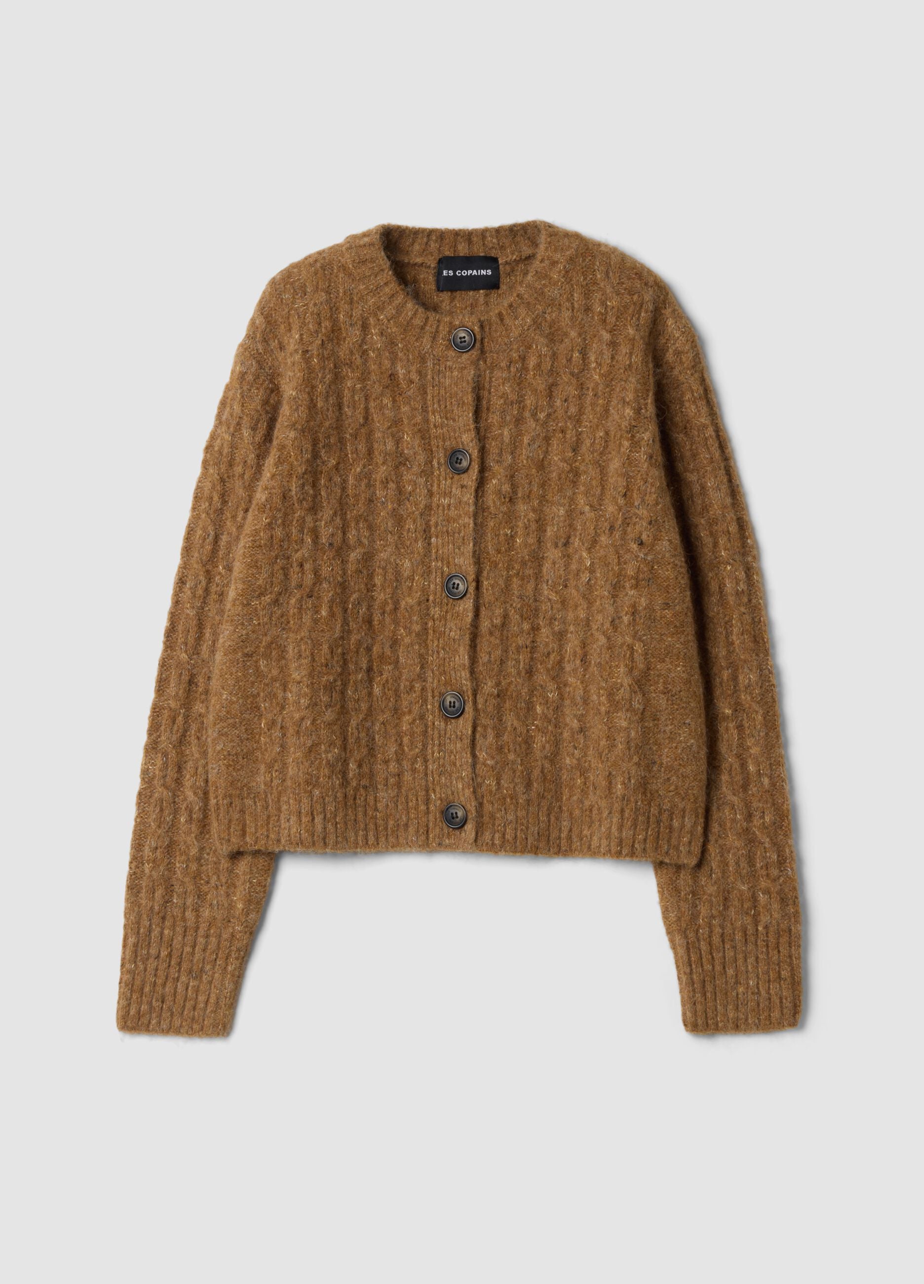 Brown crew-neck stretch wool cardigan, regular fit