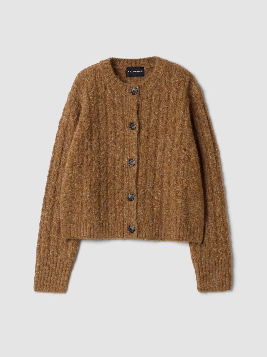 Brown crew-neck stretch wool cardigan, regular fit_0
