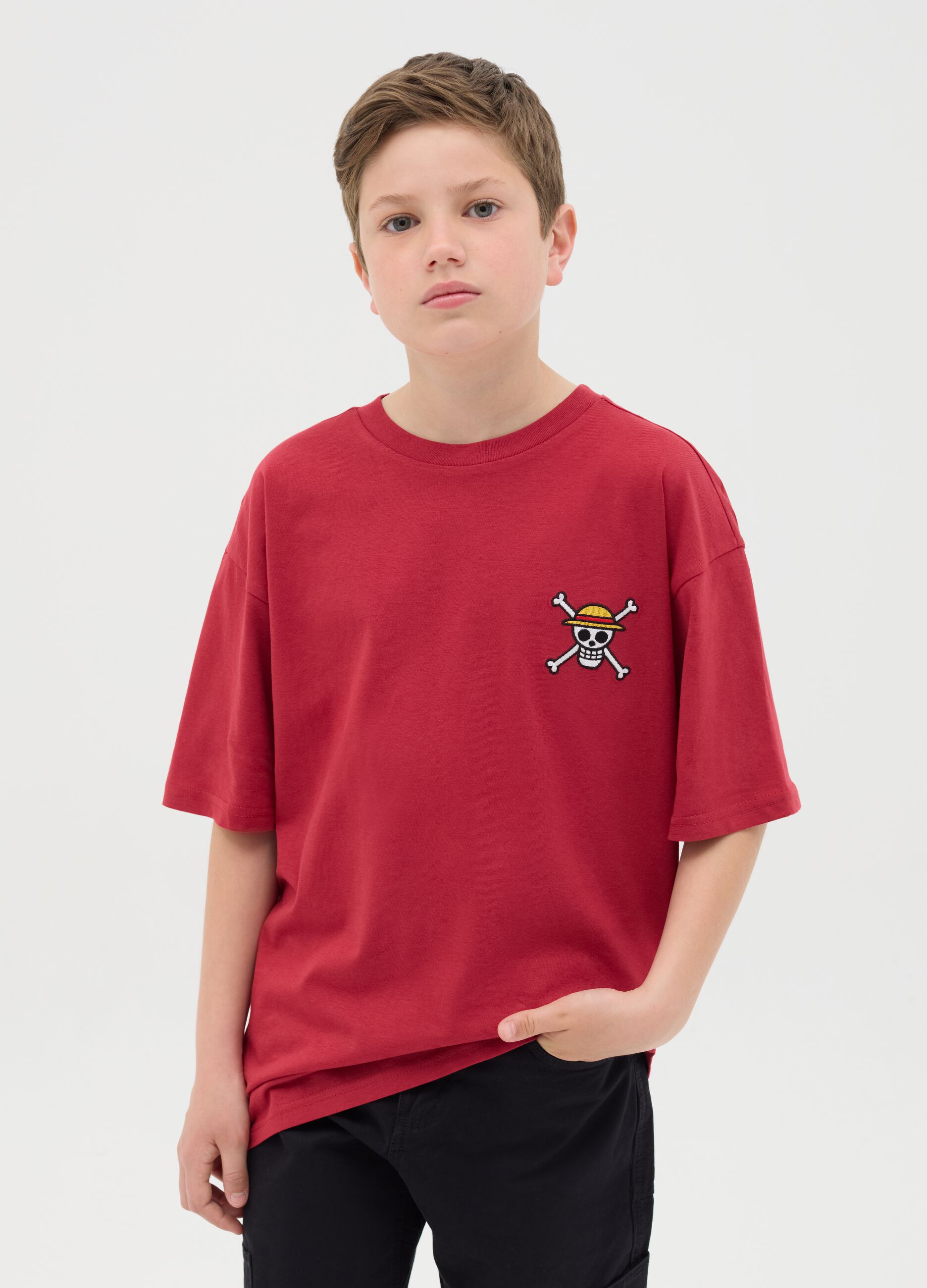 Red Cotton Children's T-shirt with Monkey D. Luffy Print