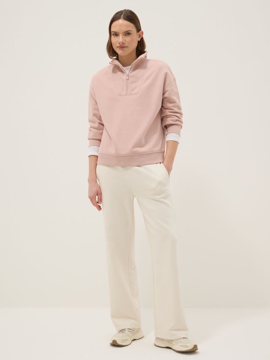 Regular fit pink cotton blend sweatshirt with half zip and high collar_1