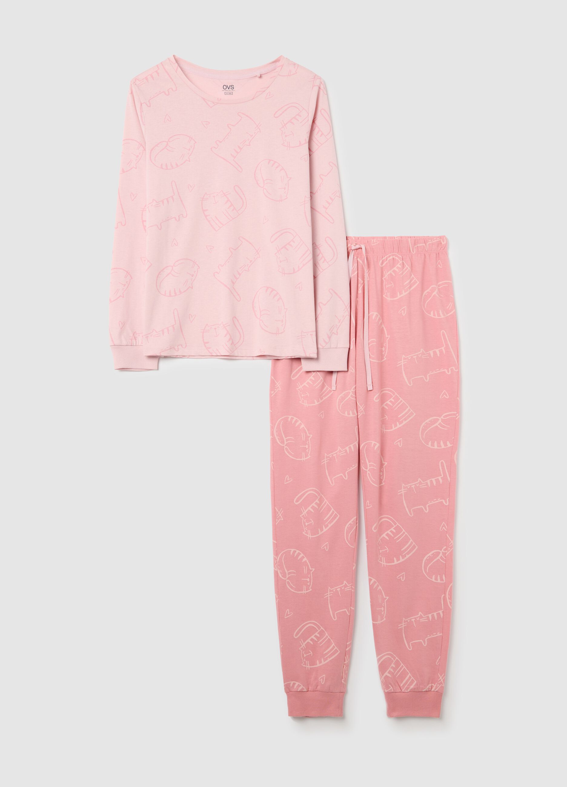 Pink cotton pyjamas with cats print