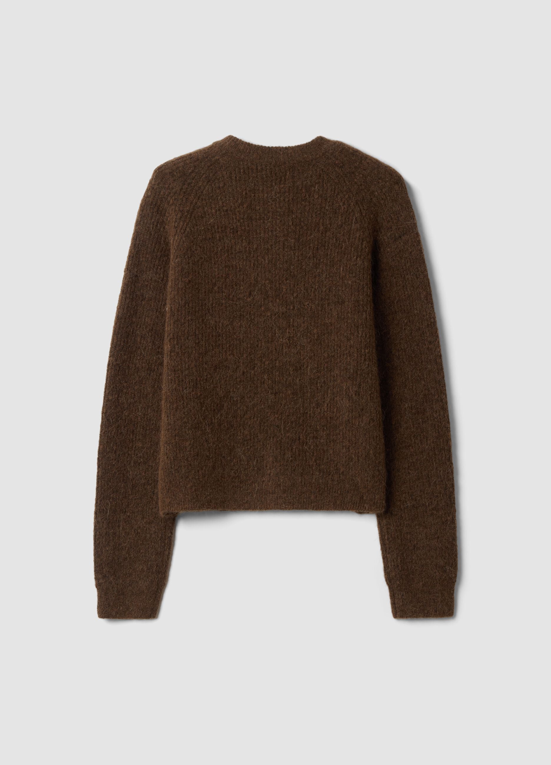 Brown stretchy wool and alpaca crew-neck cardigan