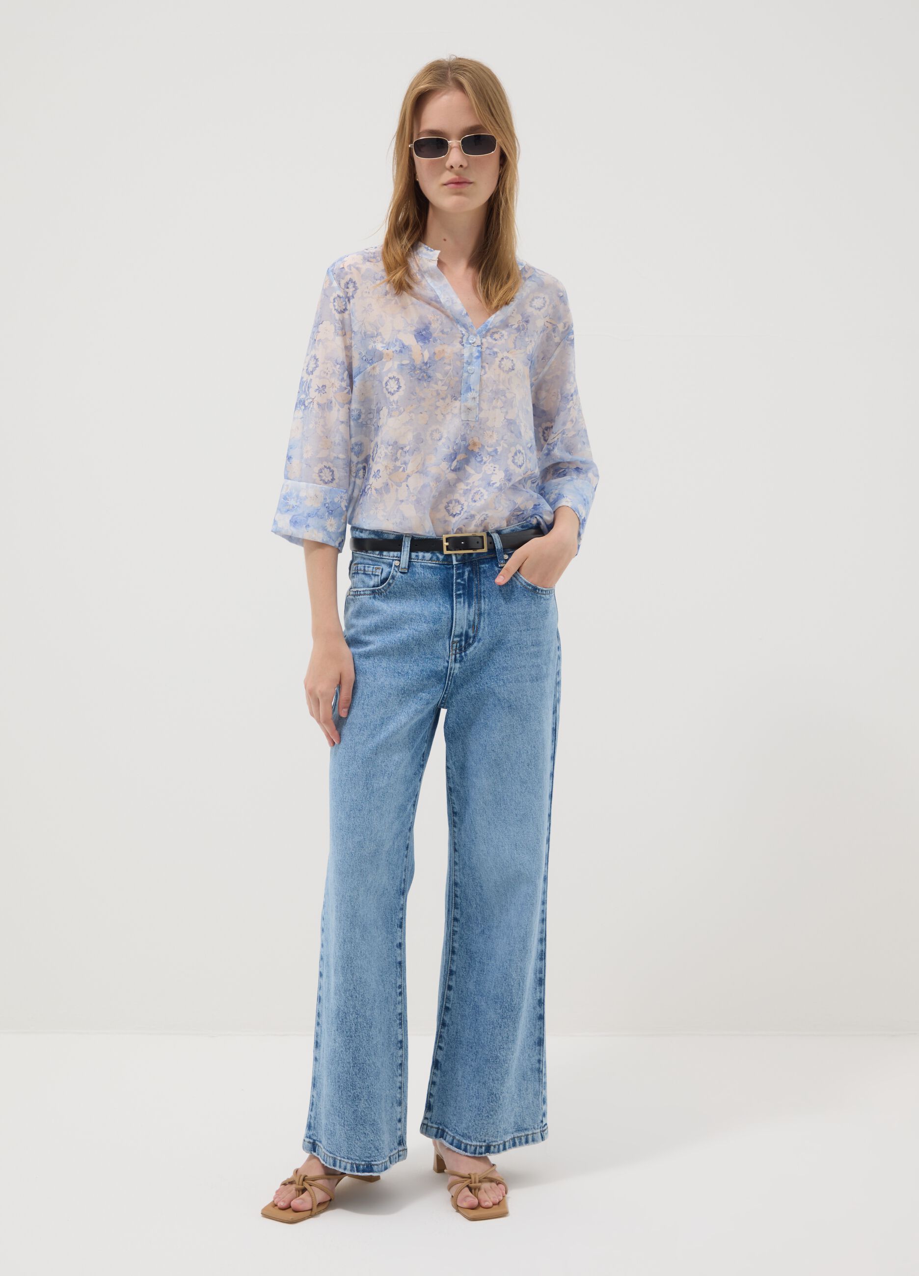 Blue floral lyocell-blend blouse