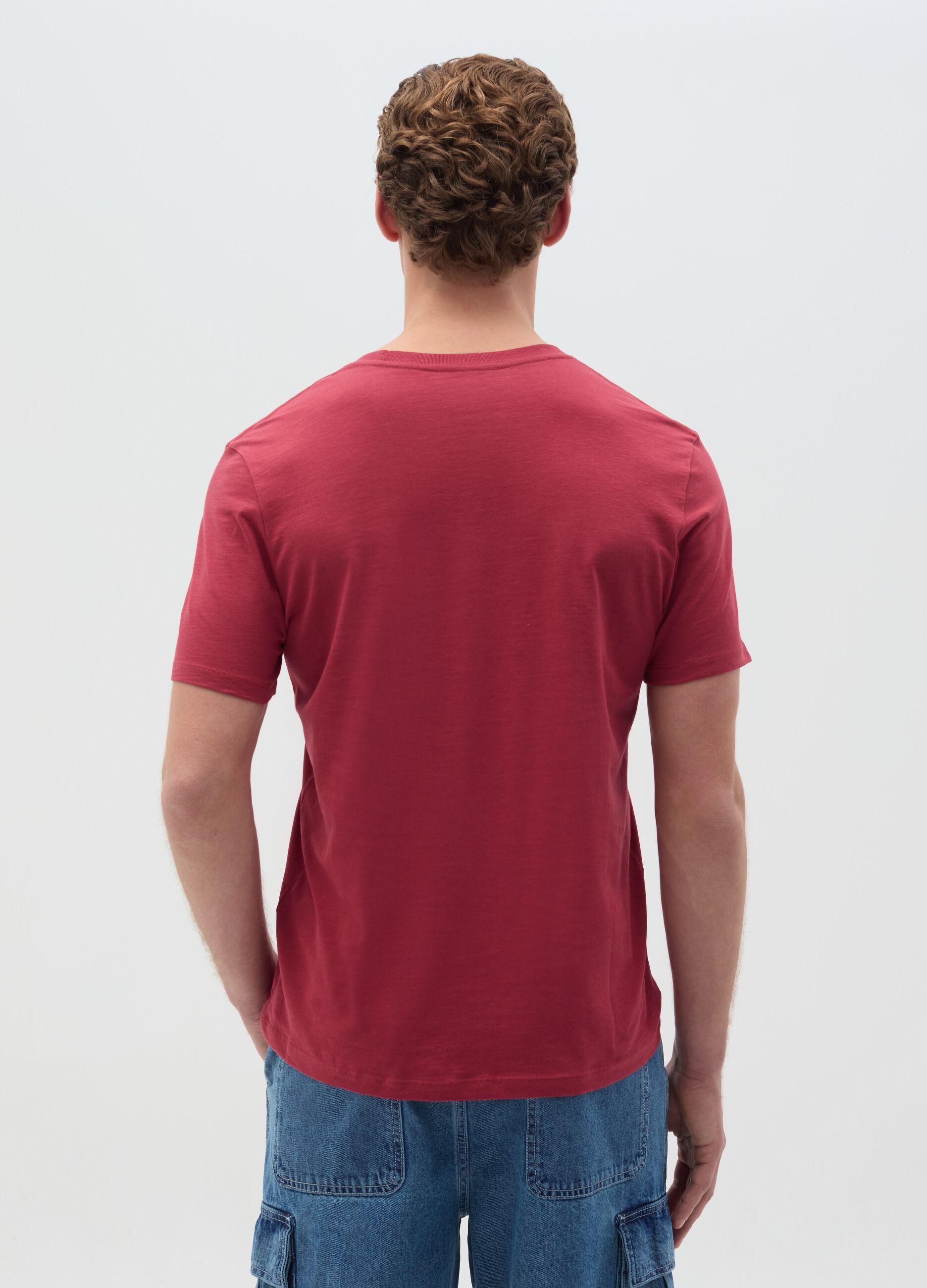 Slub cotton T-shirt with V neck