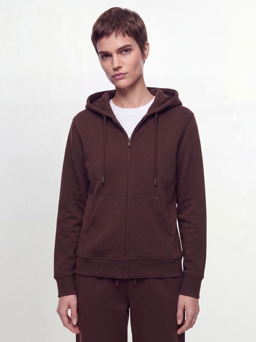 Felpa marrone in misto cotone con cappuccio regular fit_0