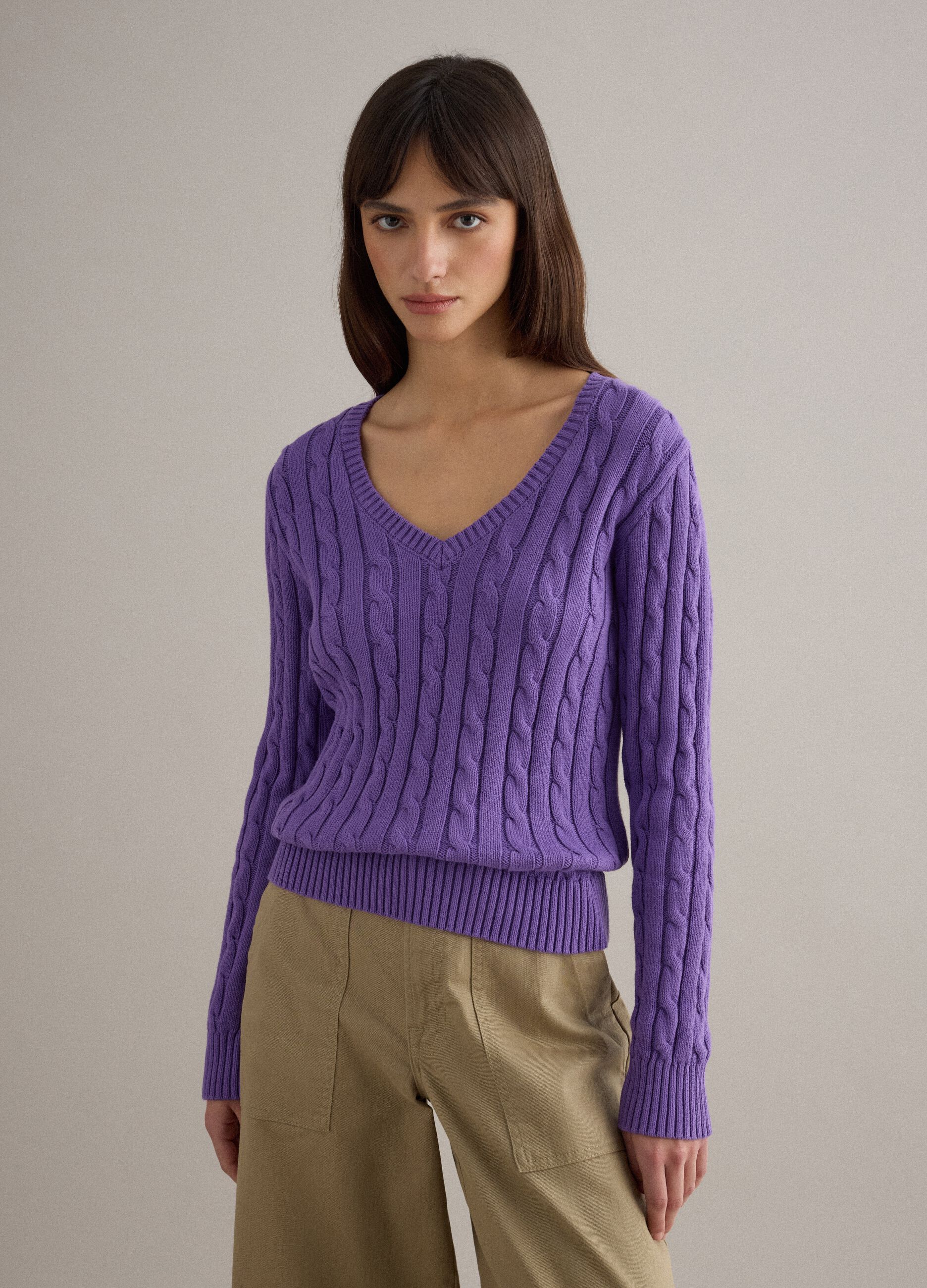 Purple pure cotton regular fit pullover with cable knit